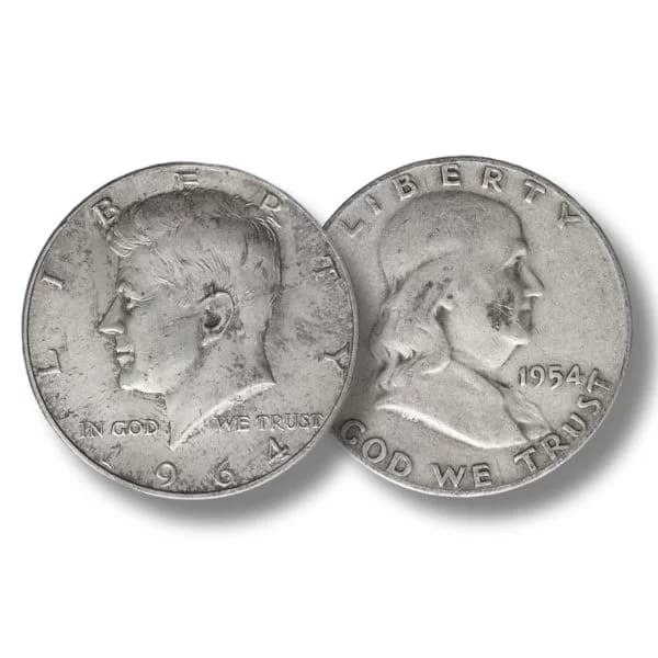1964 Kennedy Half Dollar obverse and 1954 Franklin Half Dollar obverse, both 90% US silver pre-1965 half dollars shown face-up
