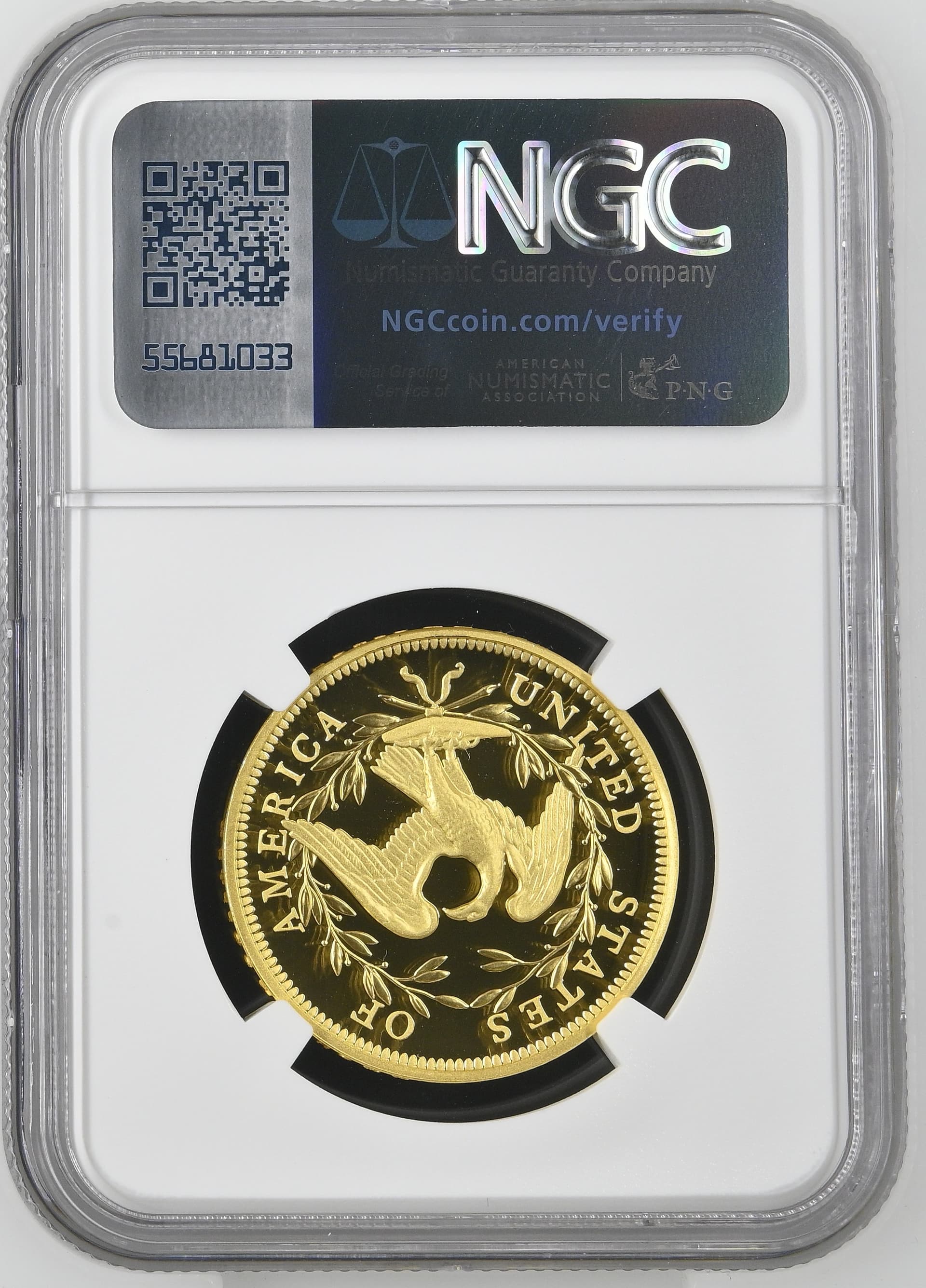 2024 Flowing Hair 230th Anniversary G$1 reverse in NGC PF 70 Ultra Cameo slab showing heraldic eagle and United States of America legend