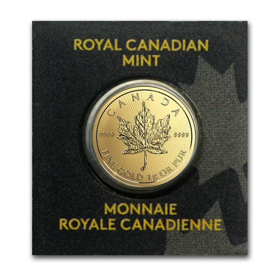 1 Gram Canadian Gold Maple Leaf Coin - .9999 Fine Gold in Assay Card - Canadian Gold Coins from Lone Star Coins