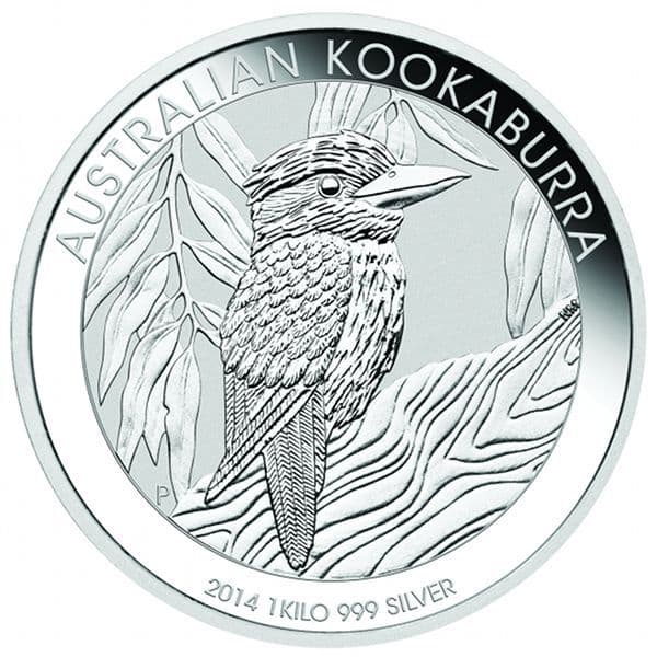 2014 Kilo Australian Silver Kookaburra Coin reverse showing kookaburra on branch with eucalyptus and 999 silver inscription