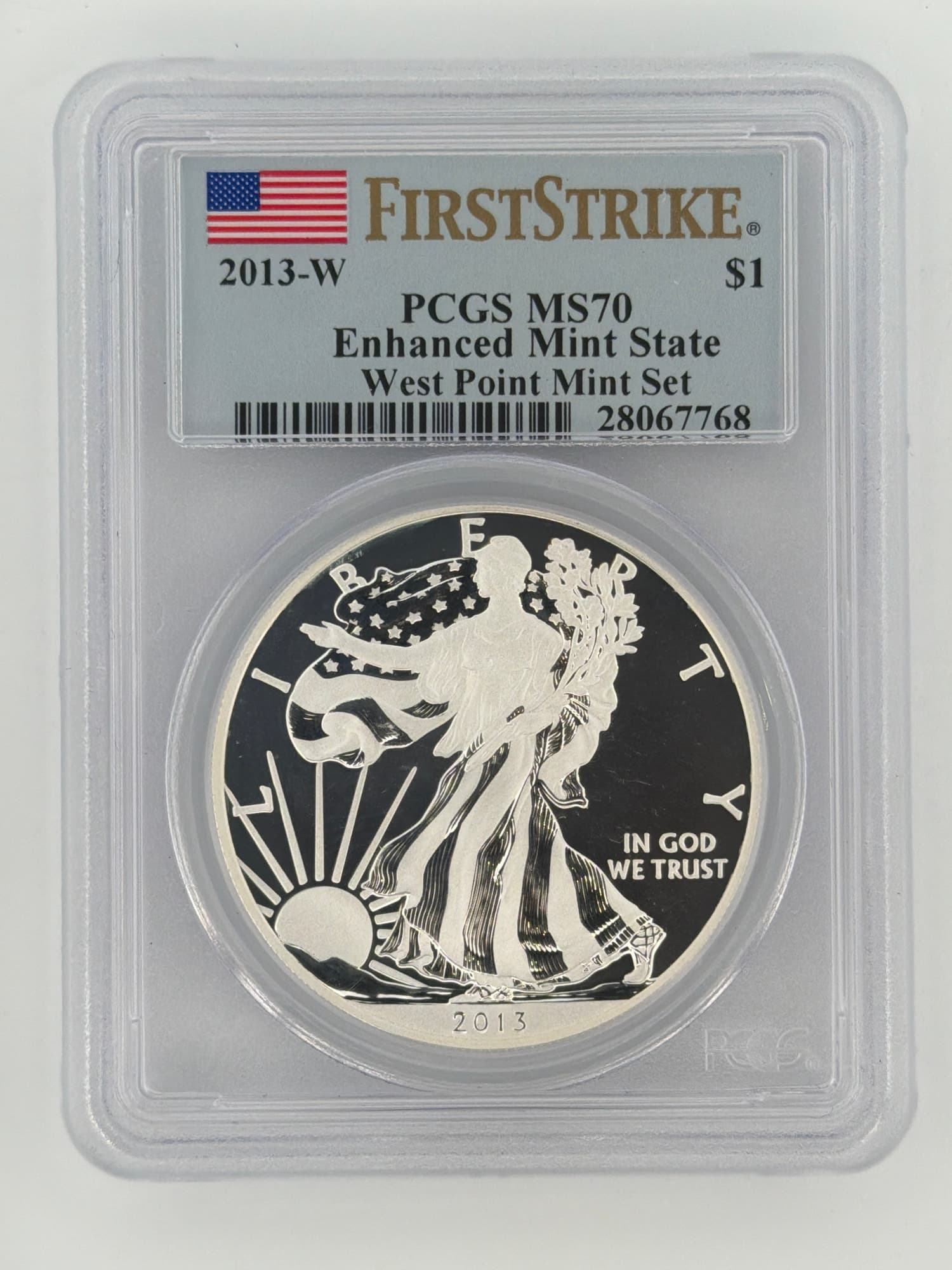 2013-W American Silver Eagle PCGS MS70 Enhanced Mint State First Strike obverse in West Point Mint Set slab