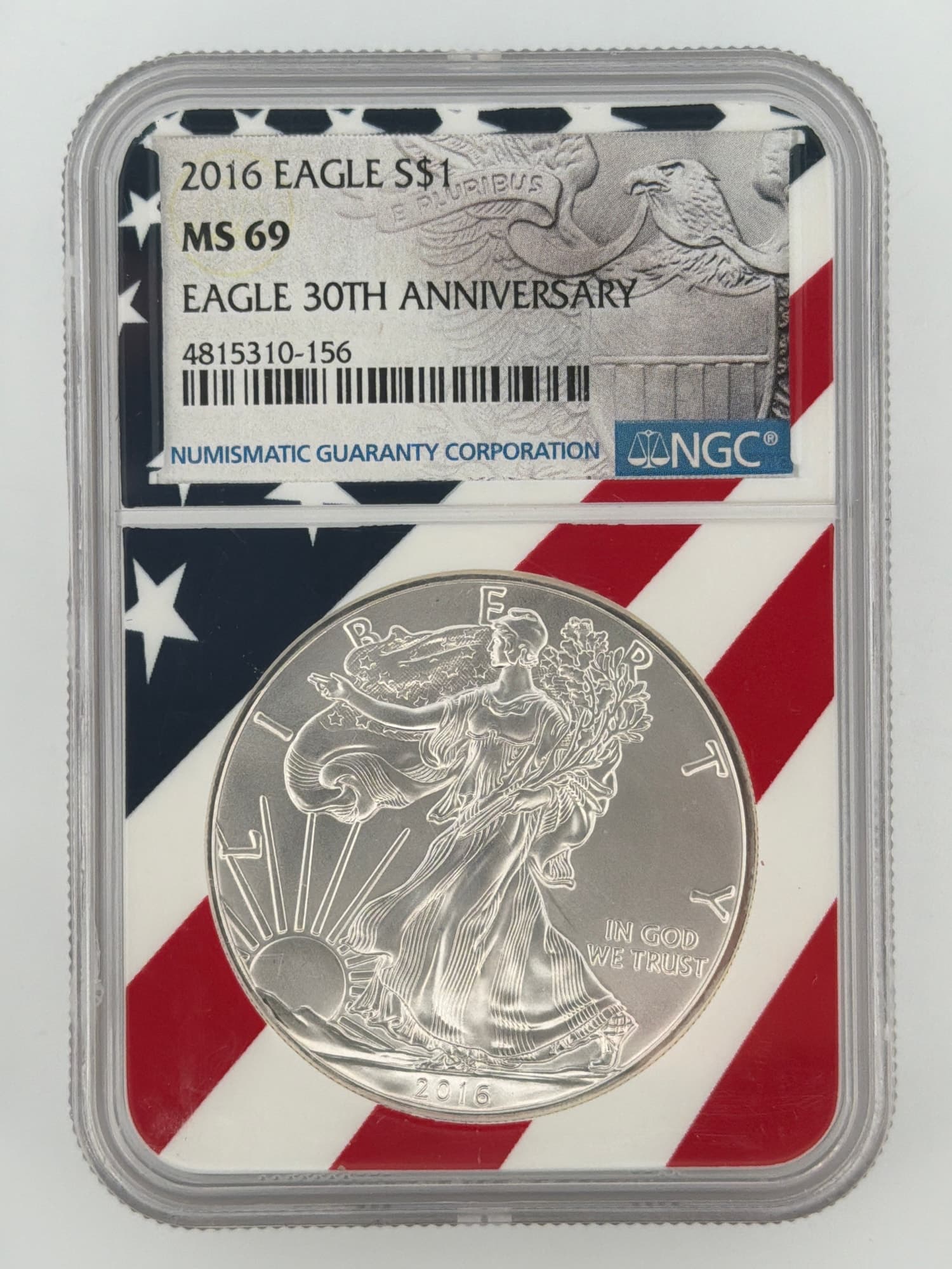 2016 American Silver Eagle NGC MS69 Eagle 30th Anniversary slab obverse, Walking Liberty design with patriotic flag insert