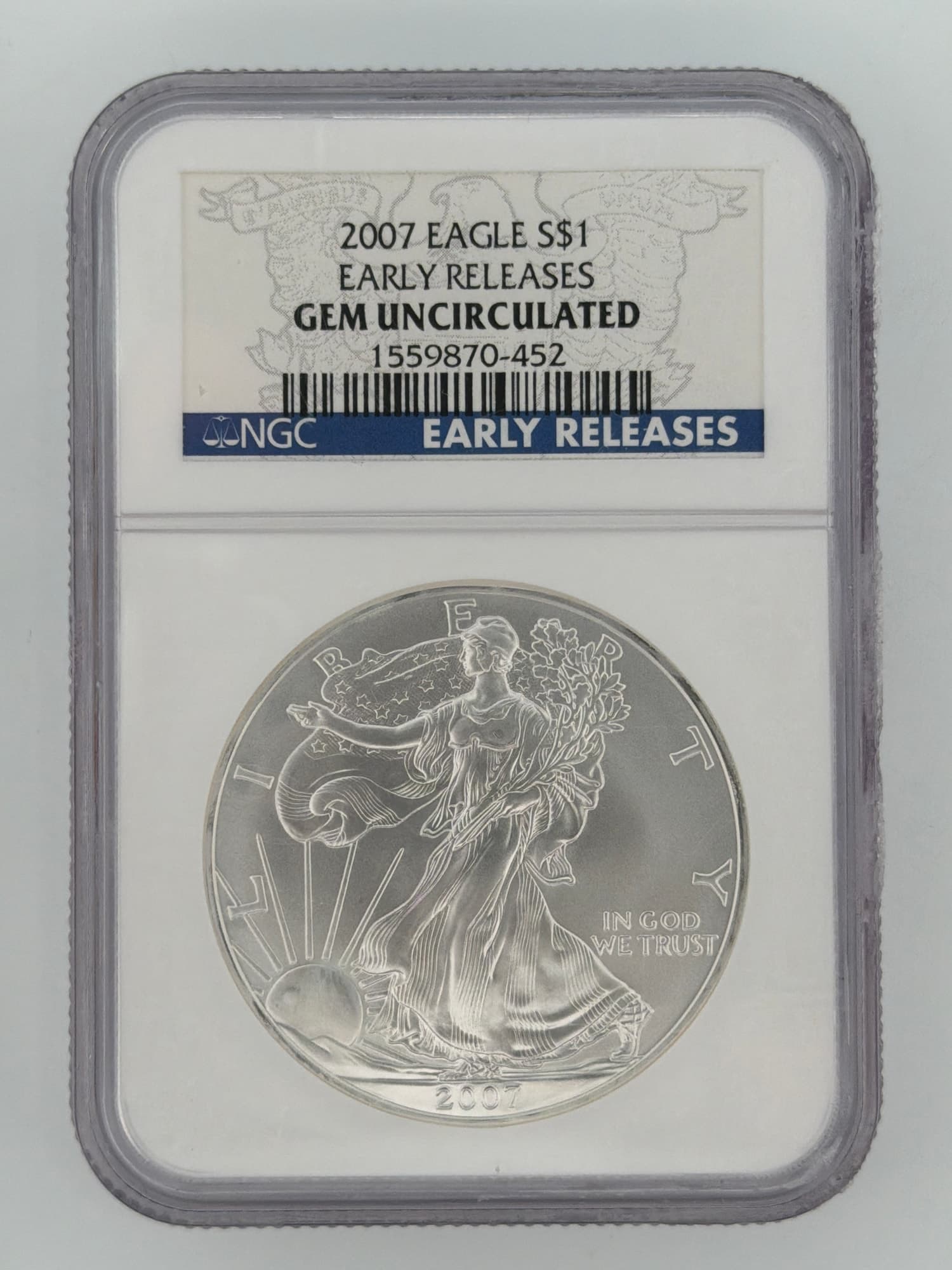 2007 American Silver Eagle NGC Gem Uncirculated Early Releases slab obverse showing Walking Liberty design and NGC label