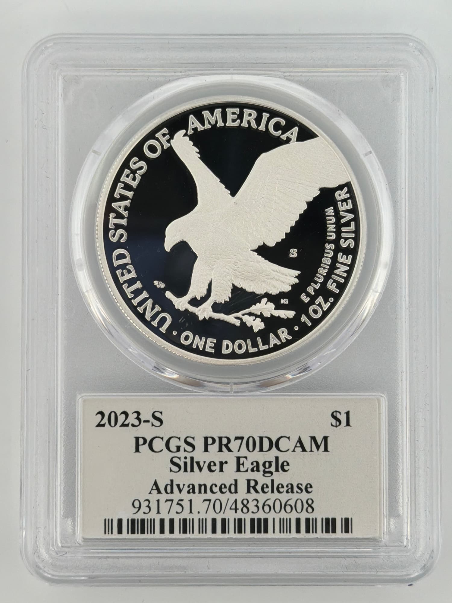 2023-S American Silver Eagle PCGS PR70DCAM Advanced Release slab showing reverse with soaring eagle design and certification label