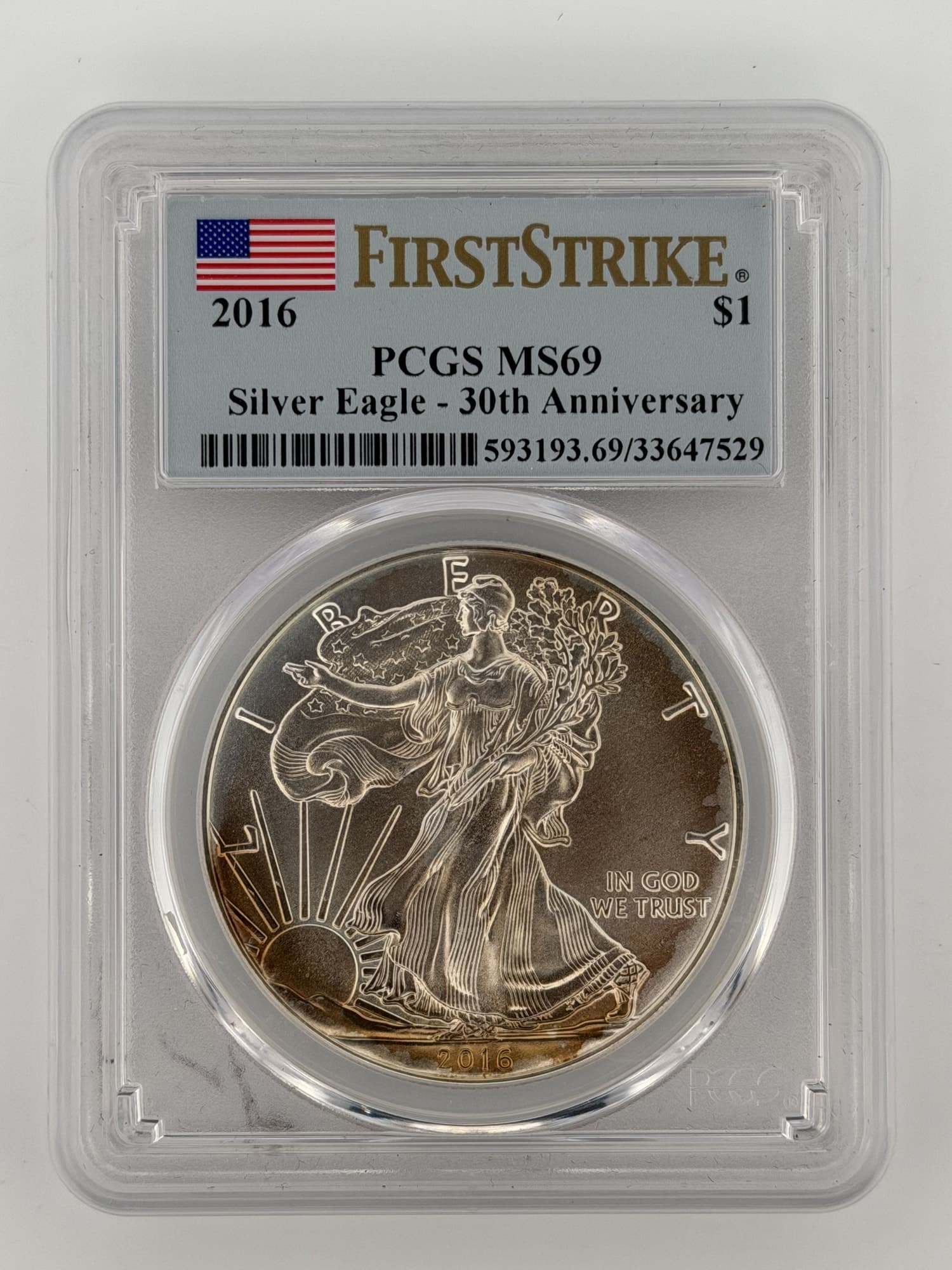 2016 American Silver Eagle 30th Anniversary PCGS MS69 First Strike slab — obverse showing Walking Liberty design