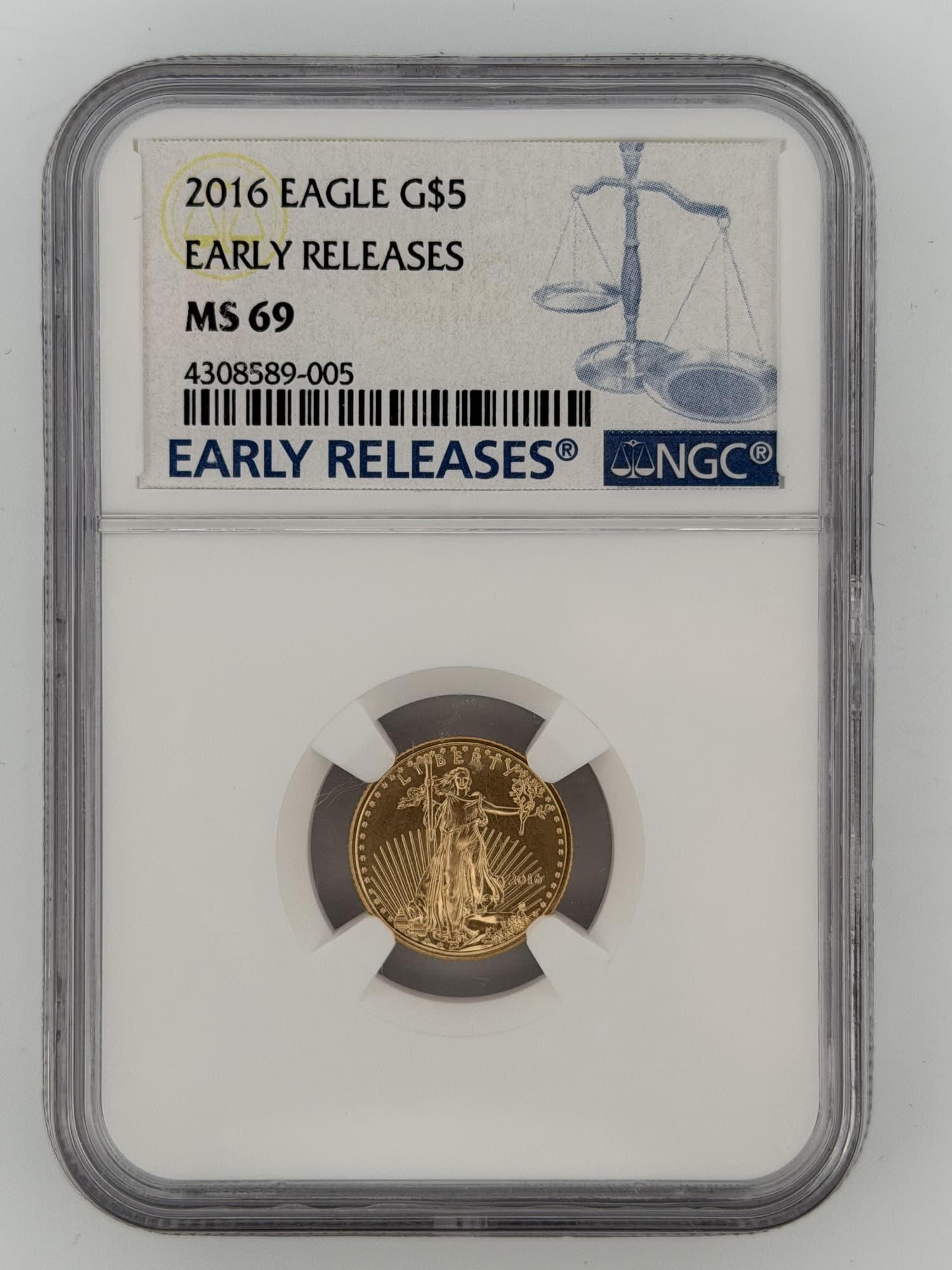 2016 American Gold Eagle 1/10 oz $5 NGC MS69 Early Releases slab obverse showing Lady Liberty design
