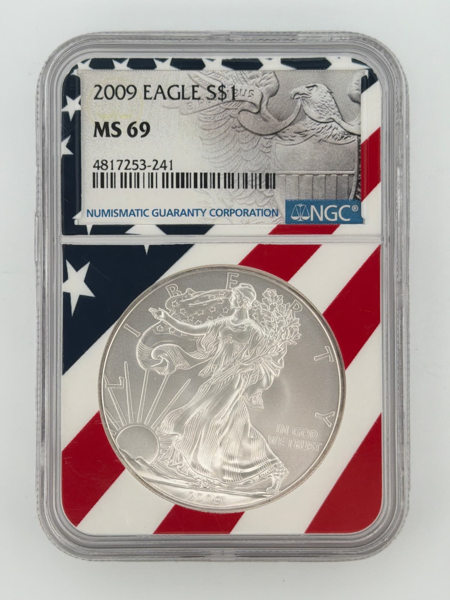 2009 American Silver Eagle NGC MS-69 obverse in patriotic flag slab showing Walking Liberty design