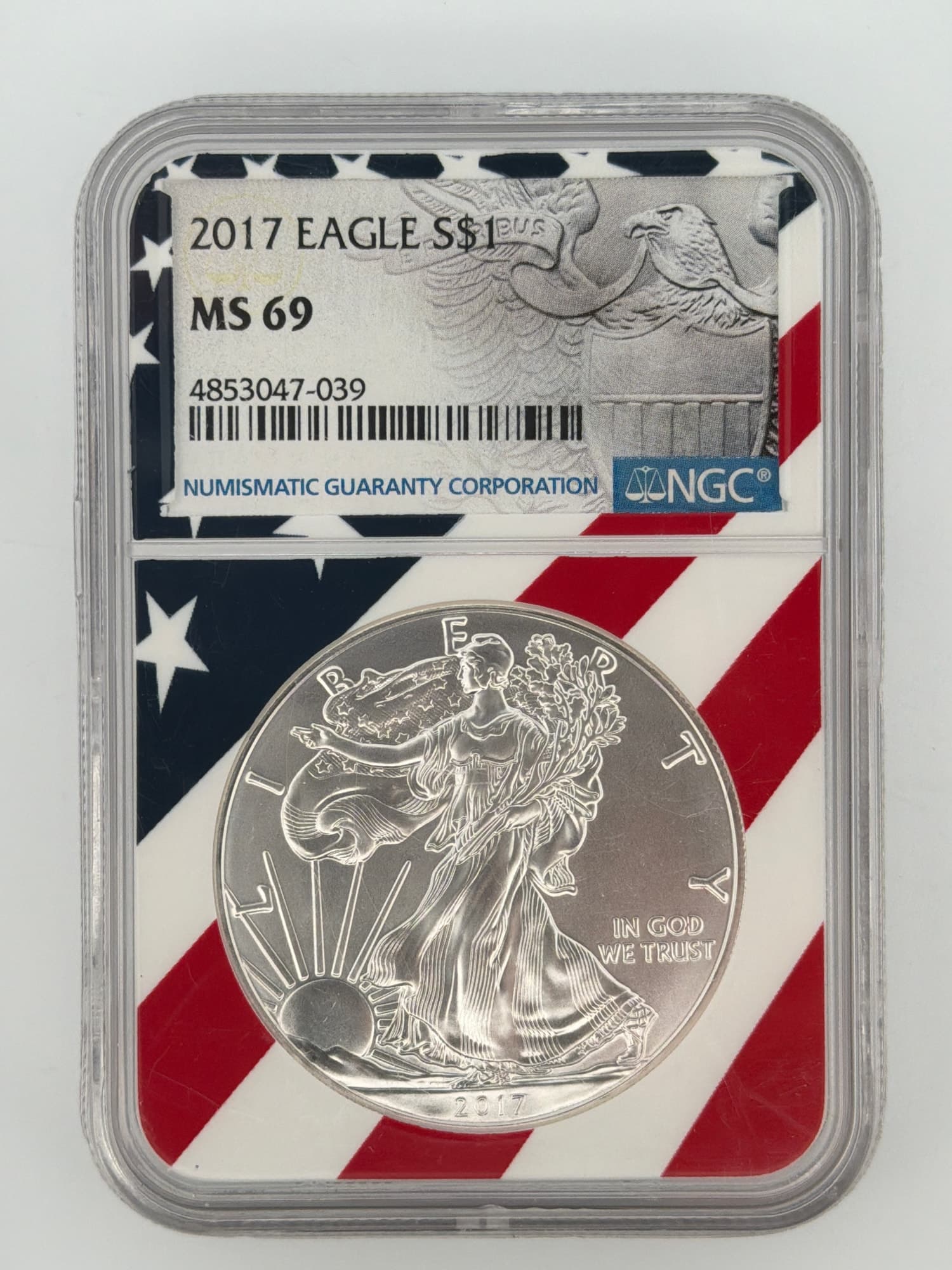 2017 American Silver Eagle NGC MS 69 obverse in patriotic American flag slab showing Walking Liberty design