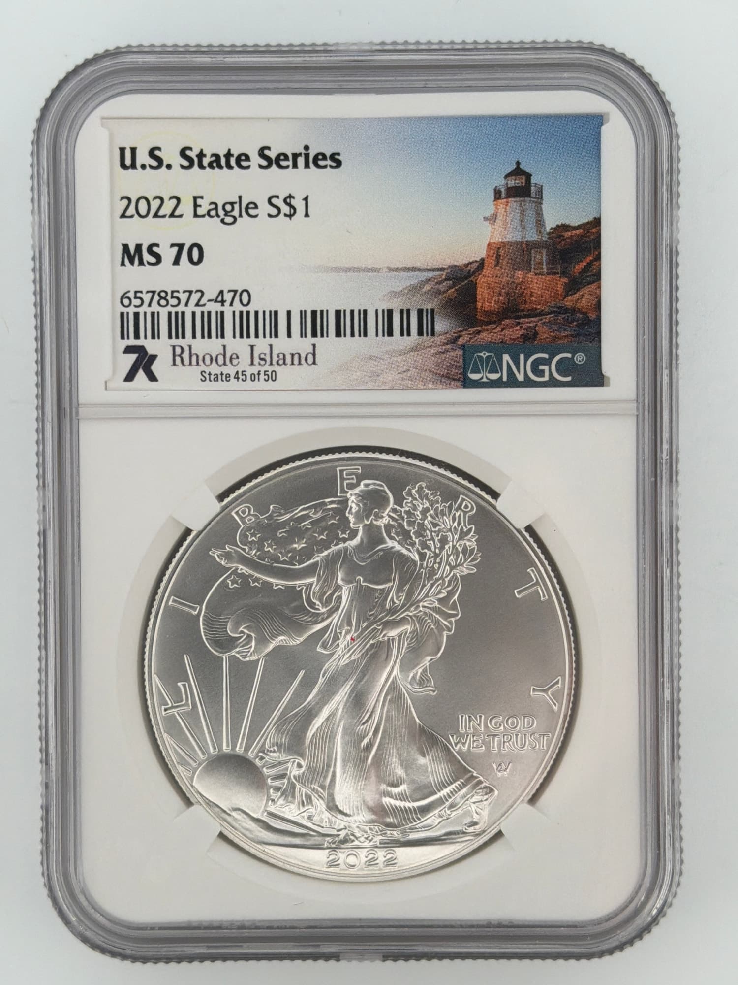 2022 American Silver Eagle NGC MS70 obverse in slab with Rhode Island U.S. State Series label showing Castle Hill Lighthouse