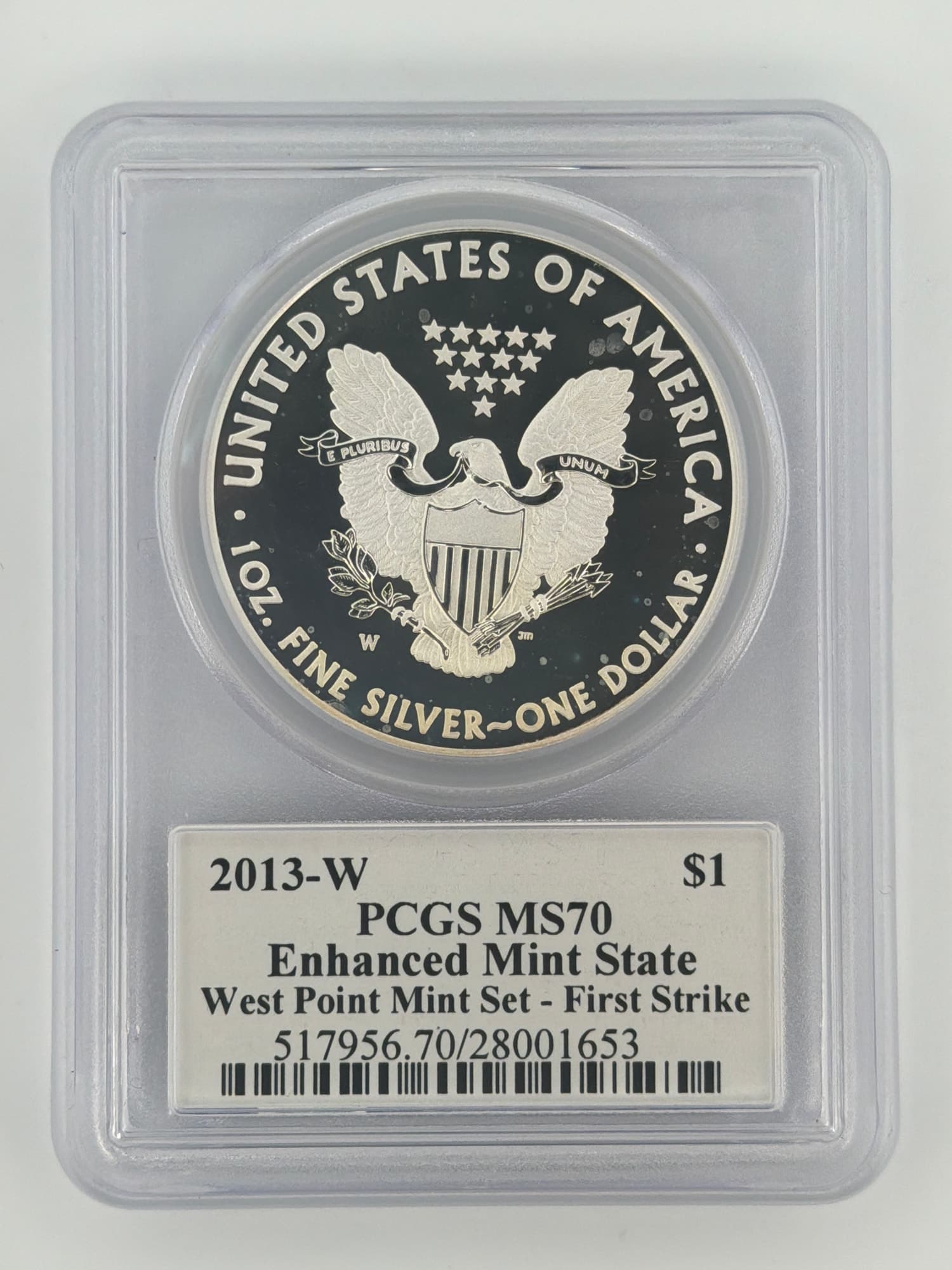 2013-W American Silver Eagle PCGS MS70 Enhanced Mint State First Strike — reverse showing heraldic eagle in PCGS West Point slab