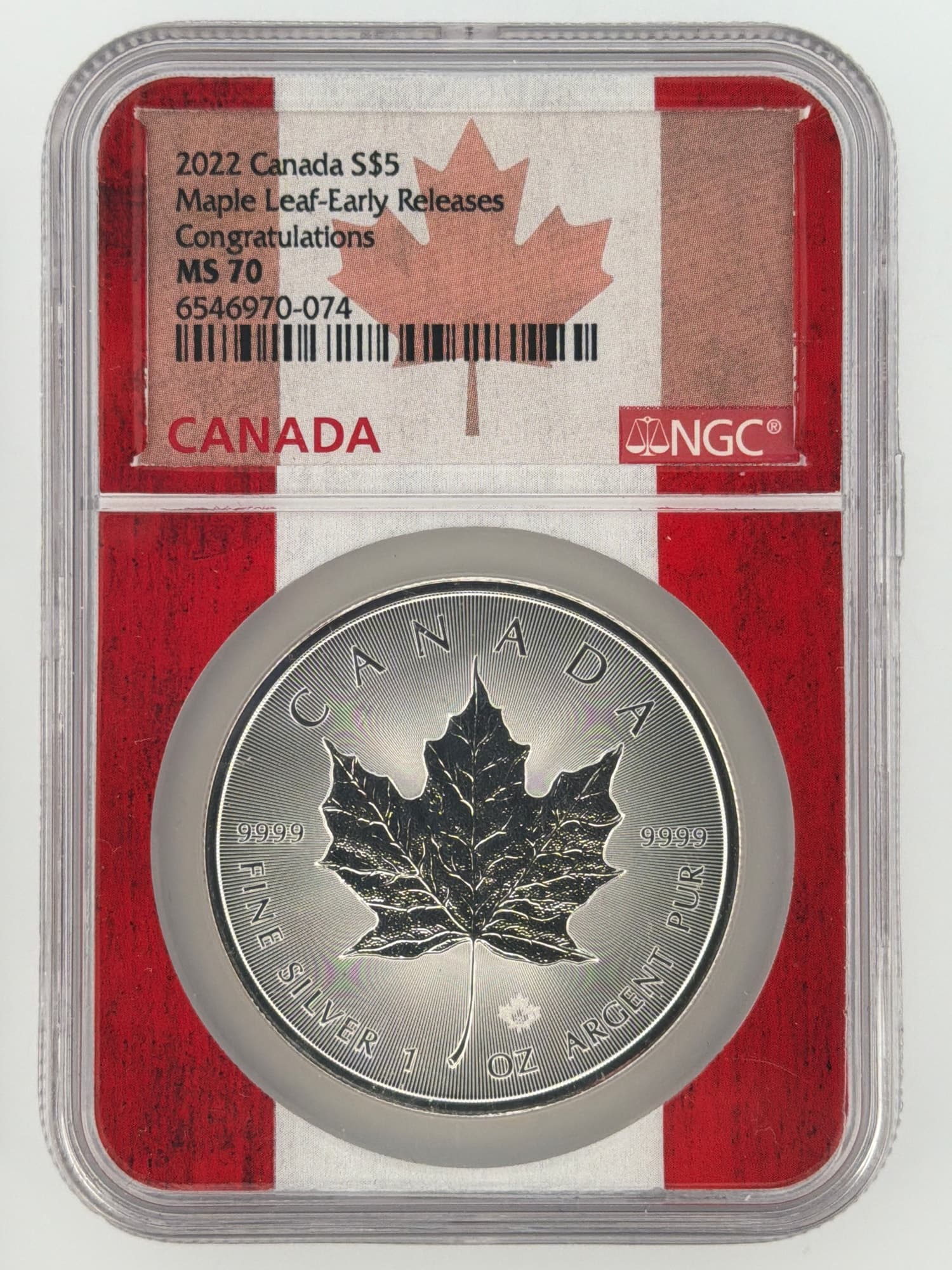 2022 Canada Silver Maple Leaf 1 oz NGC MS70 Early Releases Congratulations slab obverse showing reverse of coin with maple leaf design in Ca