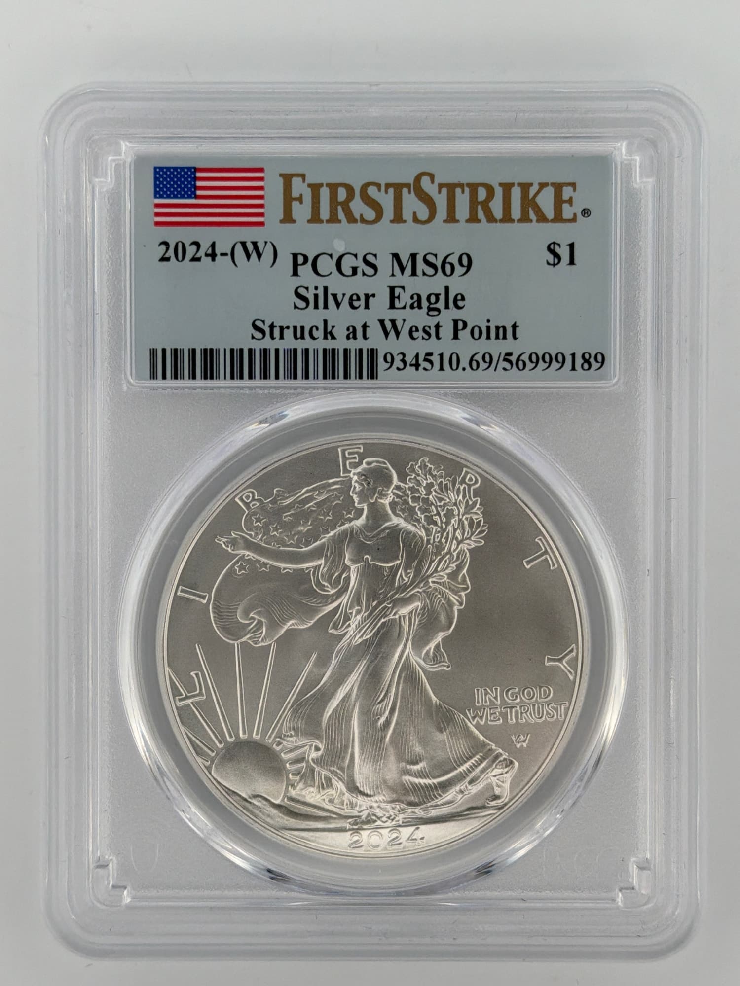 2024-(W) American Silver Eagle PCGS MS69 First Strike slab obverse showing Walking Liberty design and West Point label