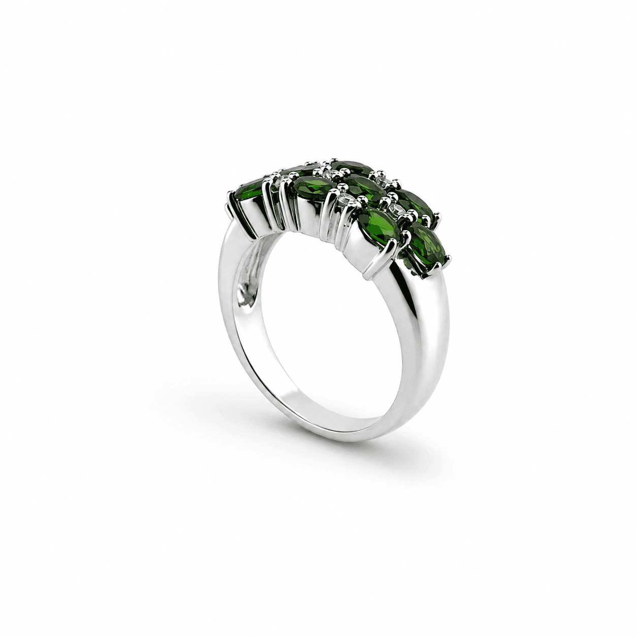 14k white gold tsavorite garnet and diamond cluster ring shown at an angle highlighting the multi-row gemstone setting