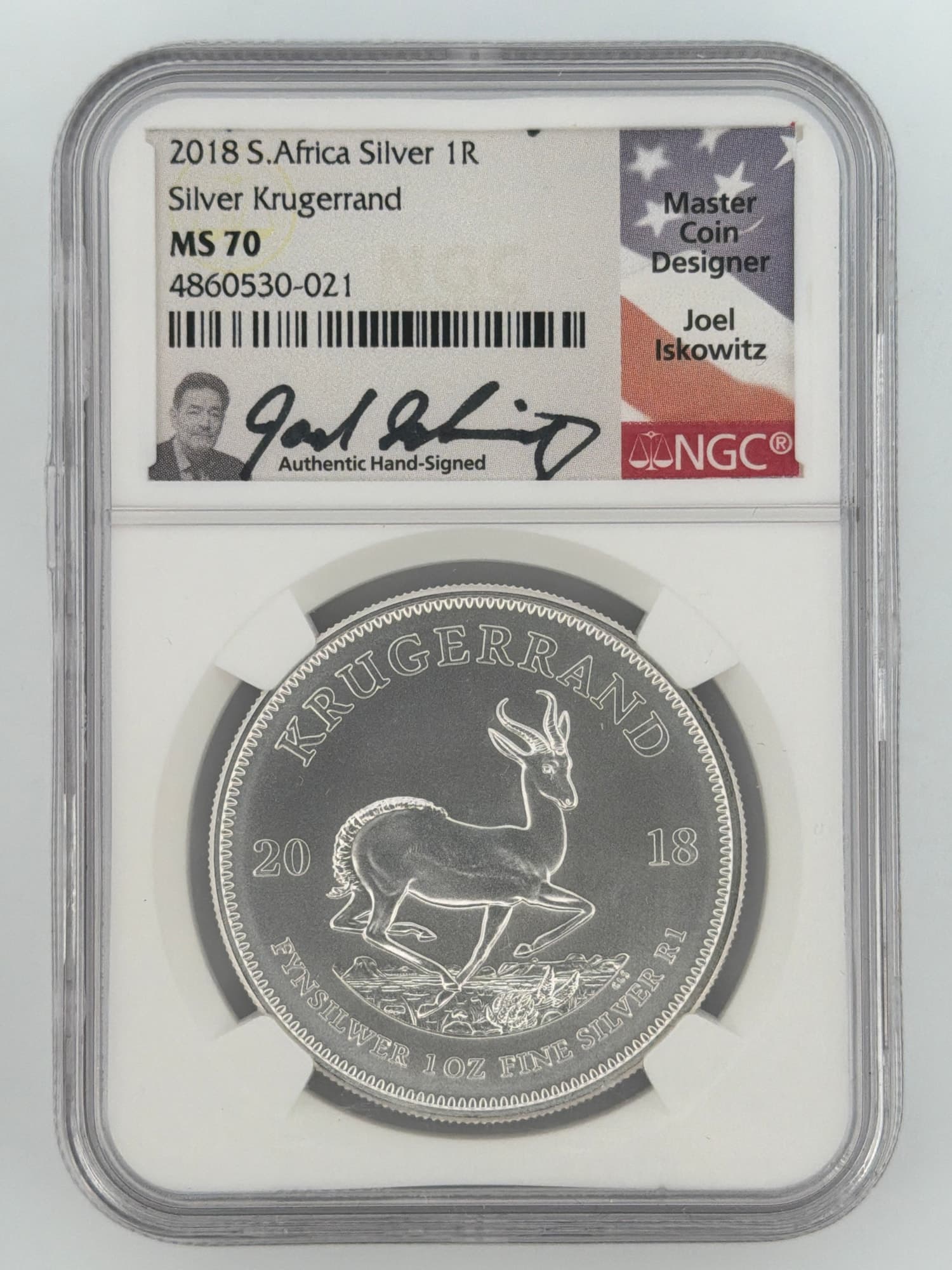 2018 South Africa 1 oz Silver Krugerrand NGC MS70 slab obverse with Joel Iskowitz hand-signed Master Coin Designer label and springbok rever