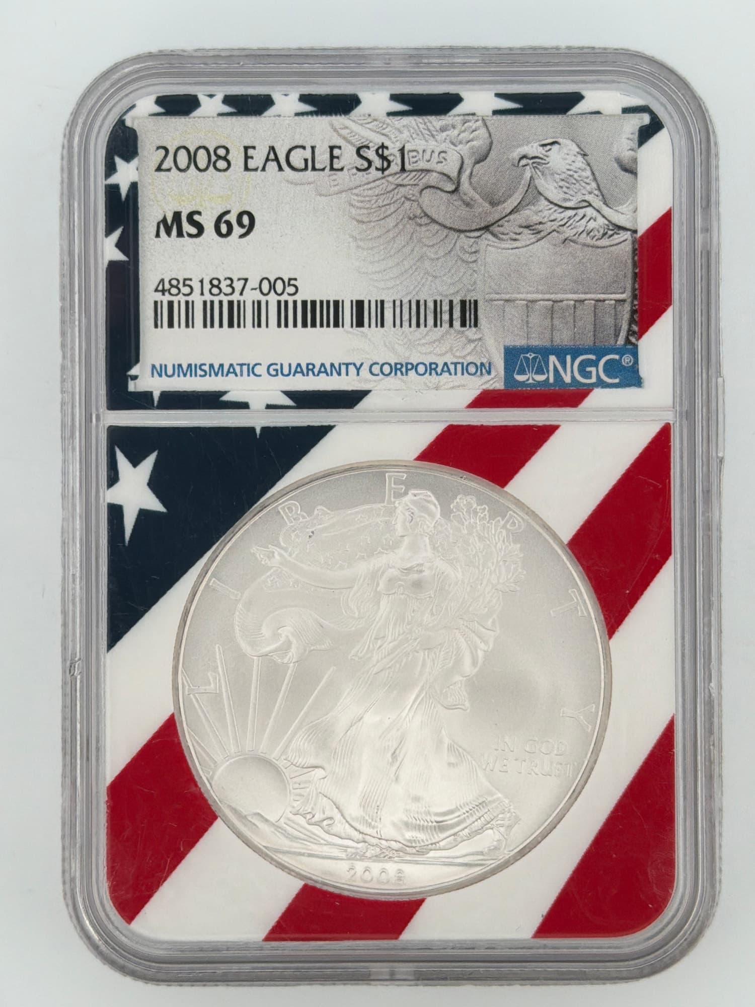 2008 American Silver Eagle NGC MS-69 obverse showing Walking Liberty design in patriotic flag NGC slab