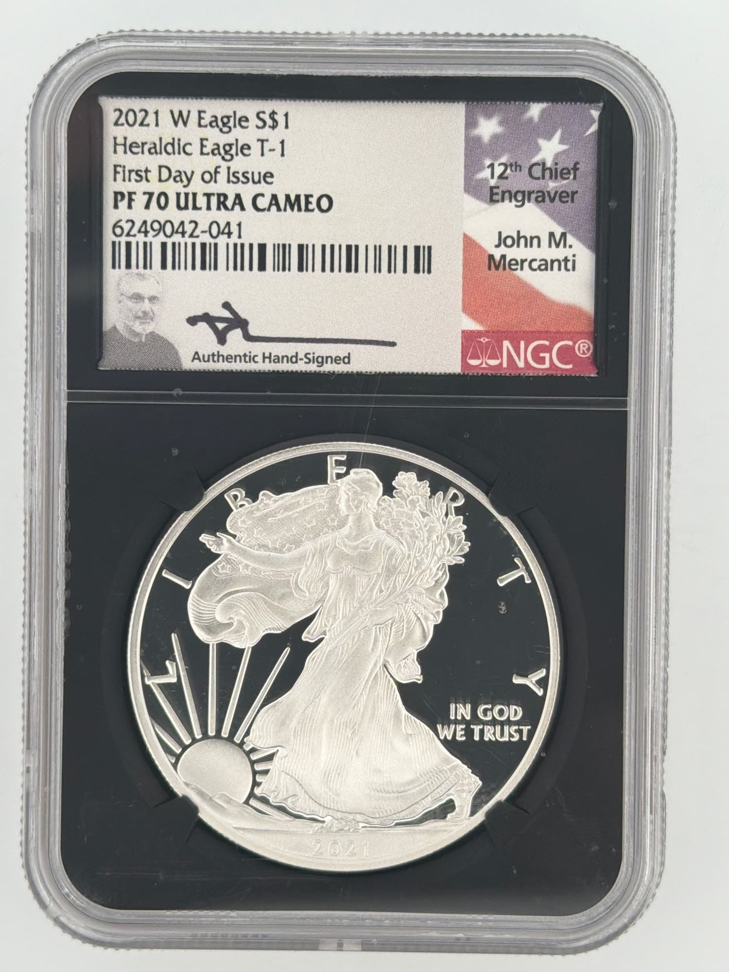 2021-W American Silver Eagle $1 NGC PF70 Ultra Cameo First Day of Issue Heraldic Eagle T-1 Mercanti Signed - Graded Silver American Eagles from Lone Star Coins