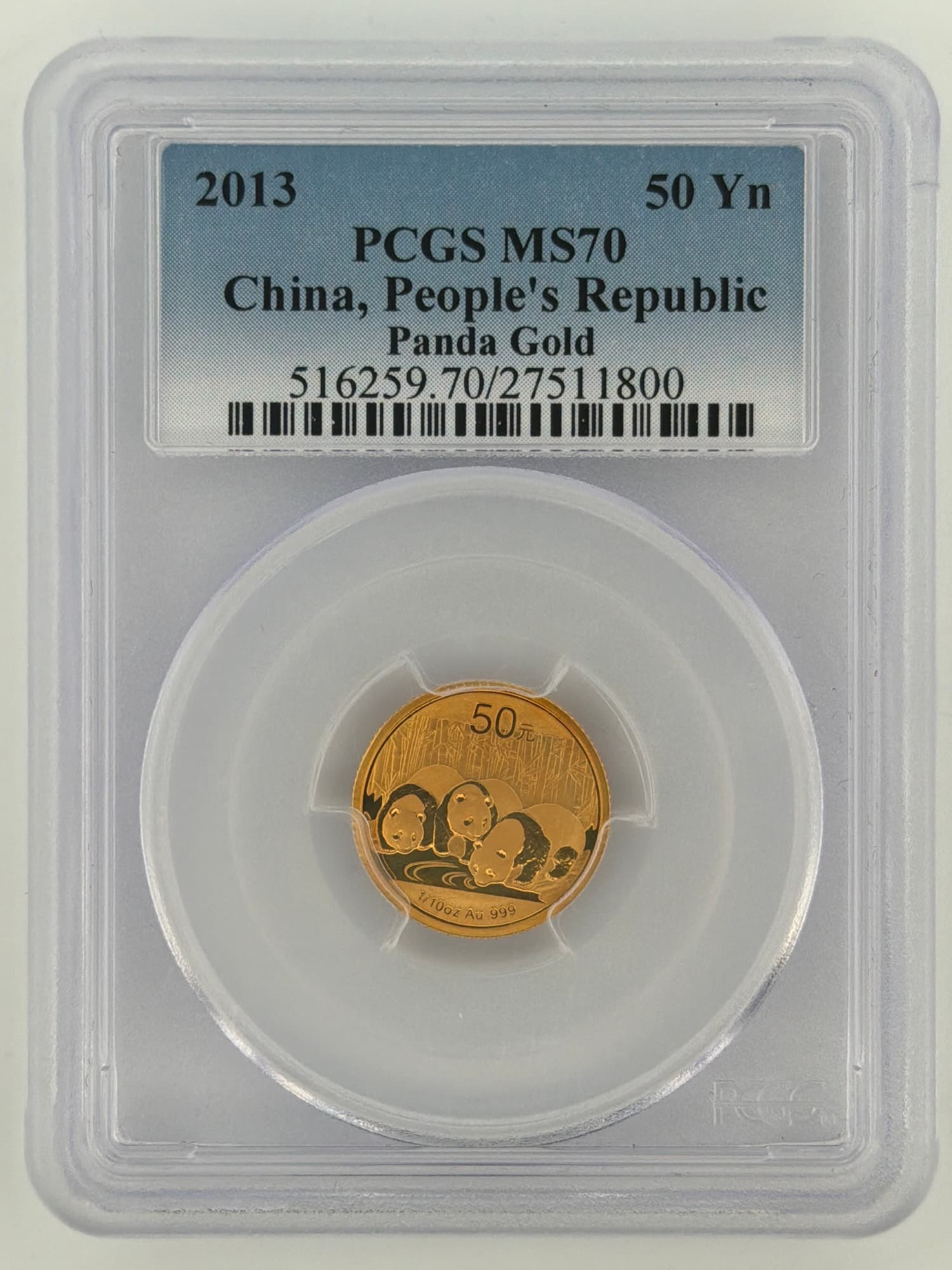 2013 China 50 Yuan 1/10 oz Gold Panda PCGS MS70 slab obverse showing three pandas at waterside reverse design