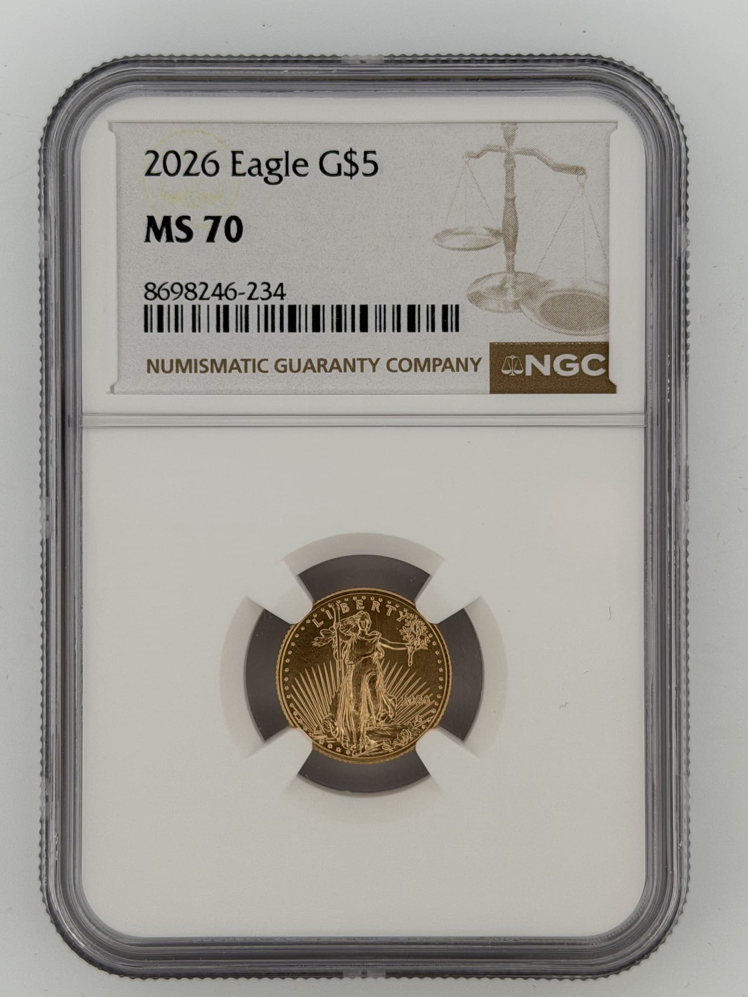 2026 American Gold Eagle 1/10 oz $5 NGC MS 70 slab obverse showing Lady Liberty design and NGC label