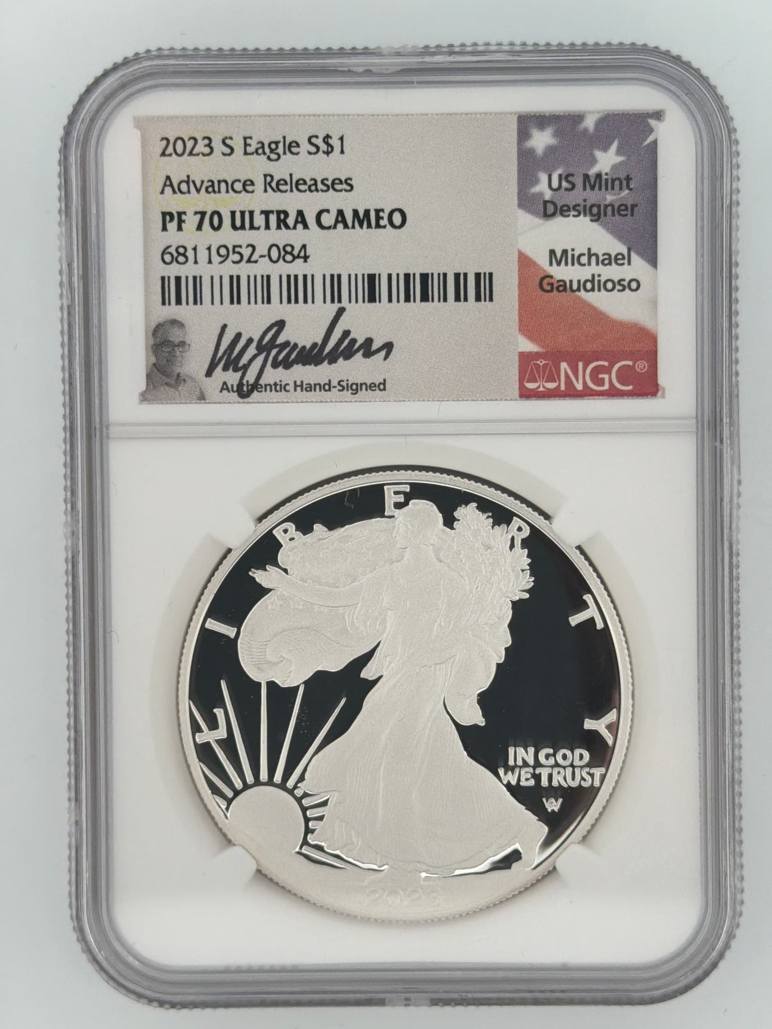 2023-S American Silver Eagle $1 NGC PF70 Ultra Cameo Advance Releases — Signed by Michael Gaudioso - Graded Silver American Eagles from Lone Star Coins