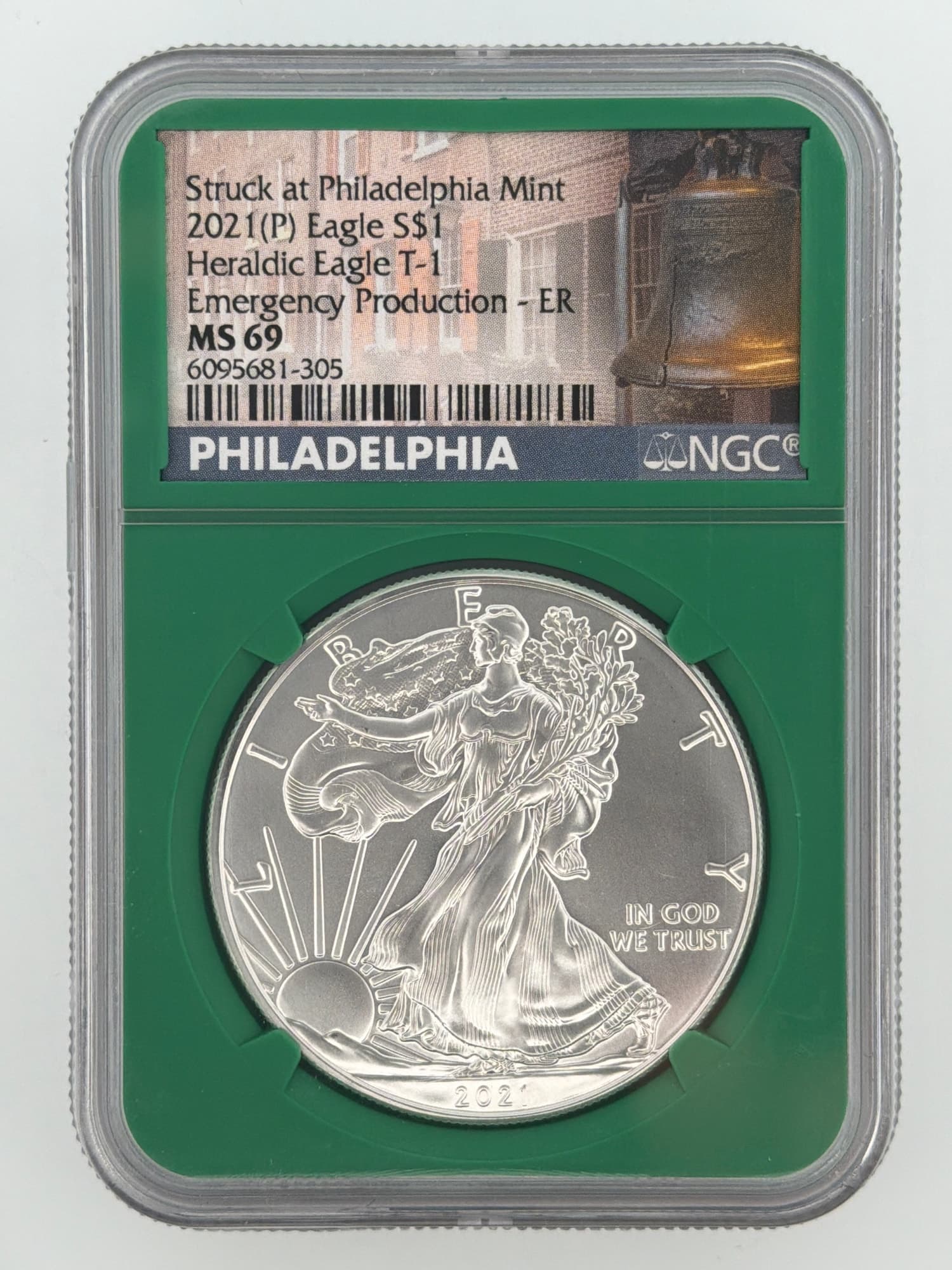 2021(P) American Silver Eagle NGC MS69 Emergency Production ER Heraldic Eagle T-1 obverse in green Philadelphia label holder