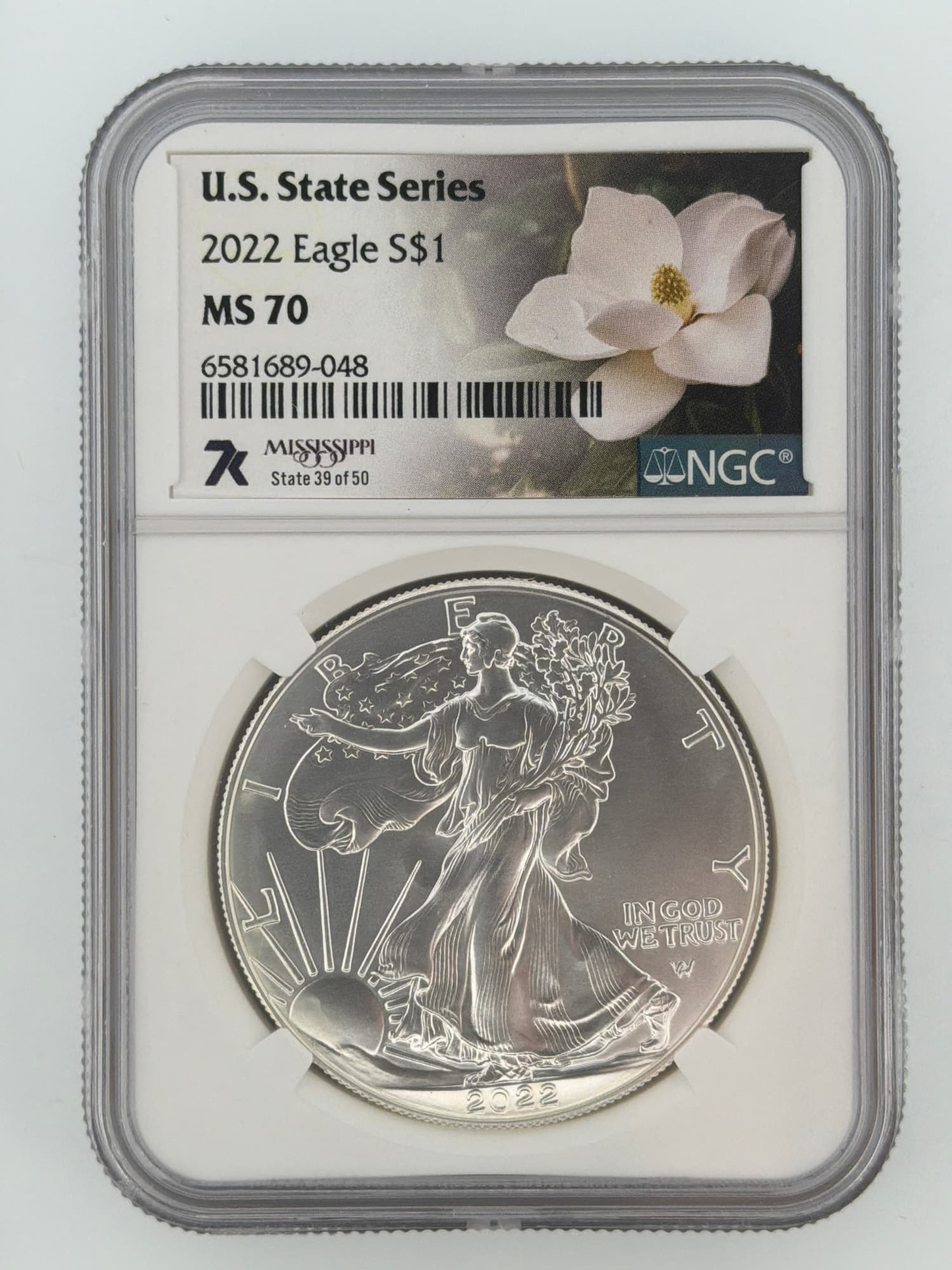 2022 American Silver Eagle NGC MS70 obverse in U.S. State Series Mississippi slab with magnolia label, State 39 of 50