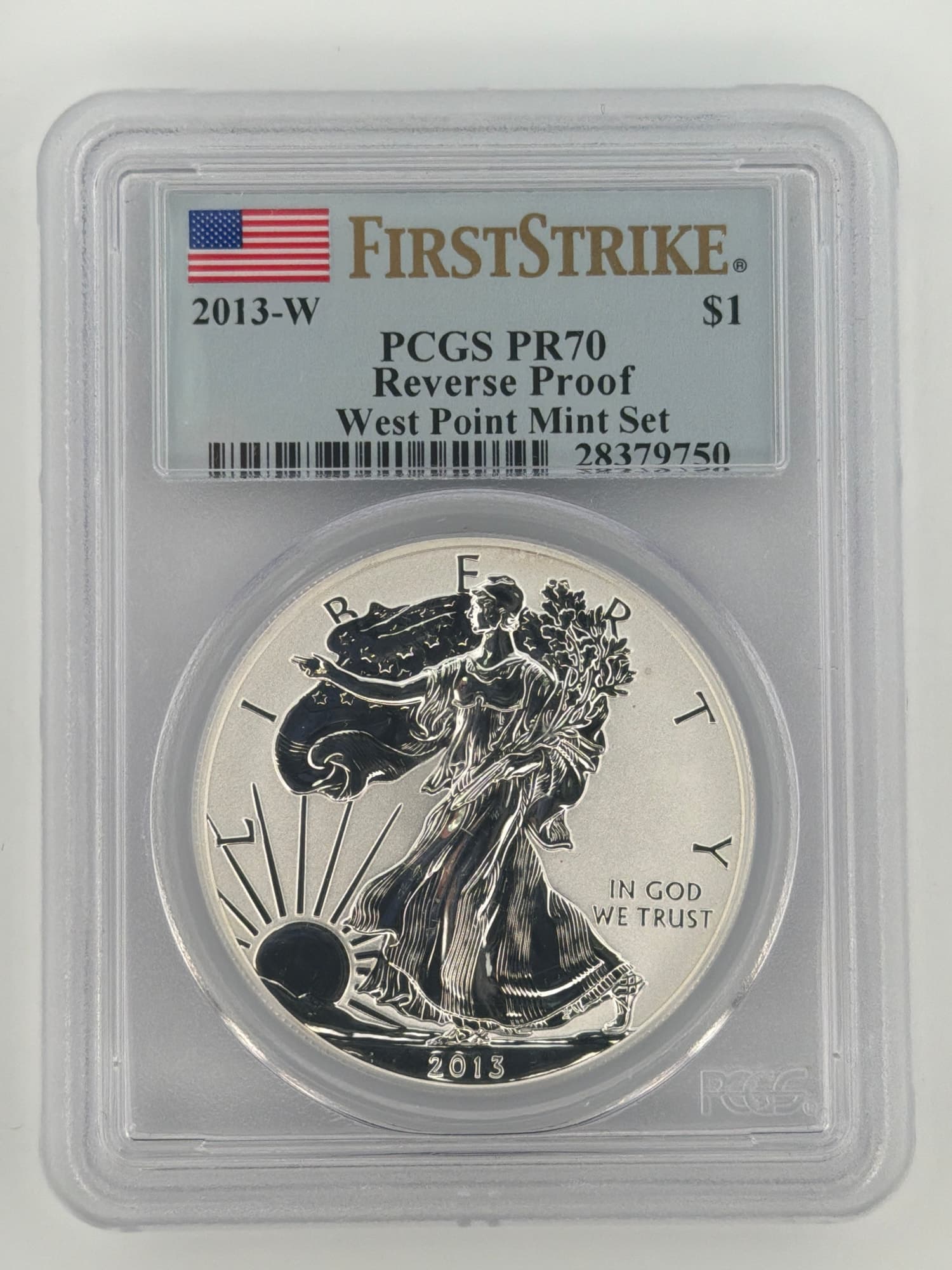 2013-W American Silver Eagle Reverse Proof PCGS PR70 First Strike obverse in PCGS slab showing Walking Liberty design and West Point Mint Se