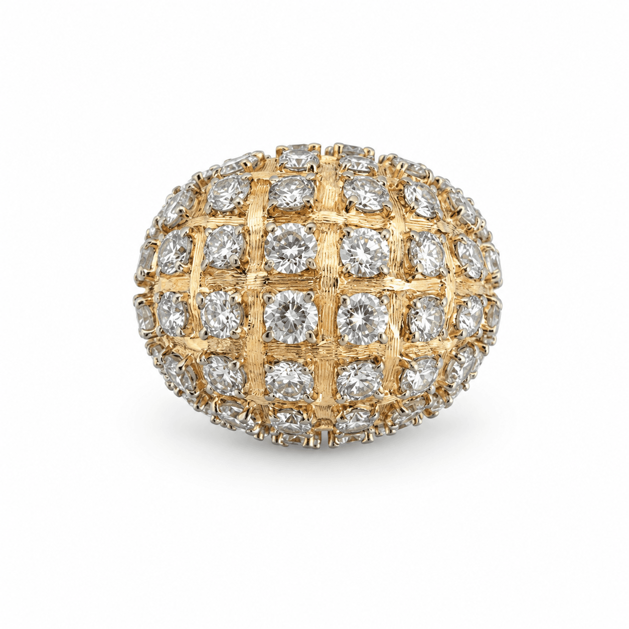 18kt gold diamond cluster ring shown top-down highlighting the lattice grid of round brilliant diamonds