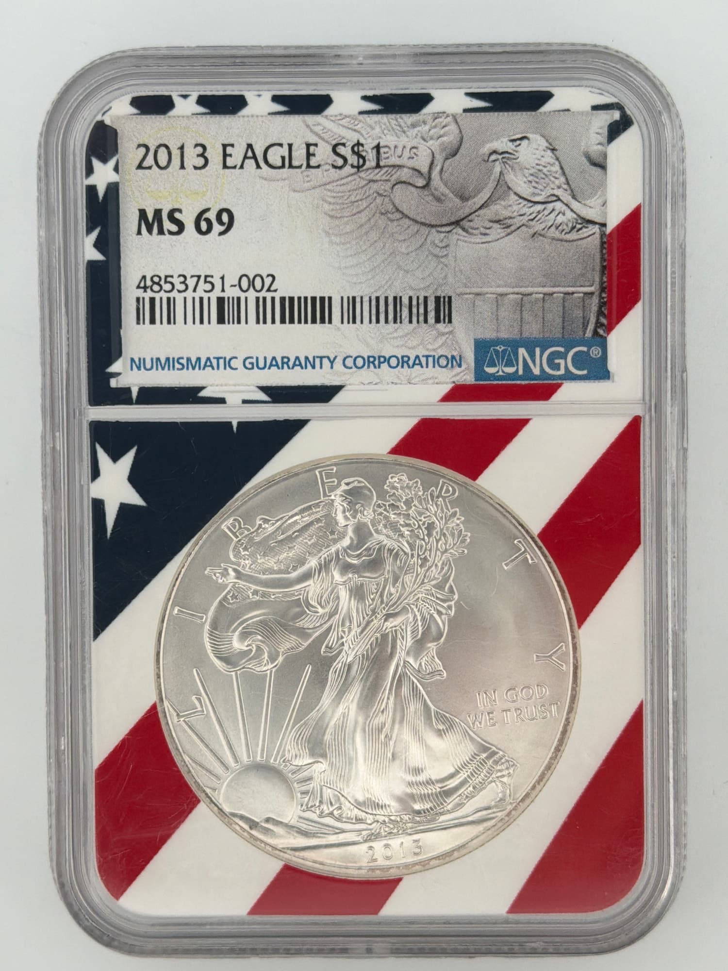 2013 American Silver Eagle $1 NGC MS 69 obverse — Walking Liberty design in patriotic Stars and Stripes NGC slab