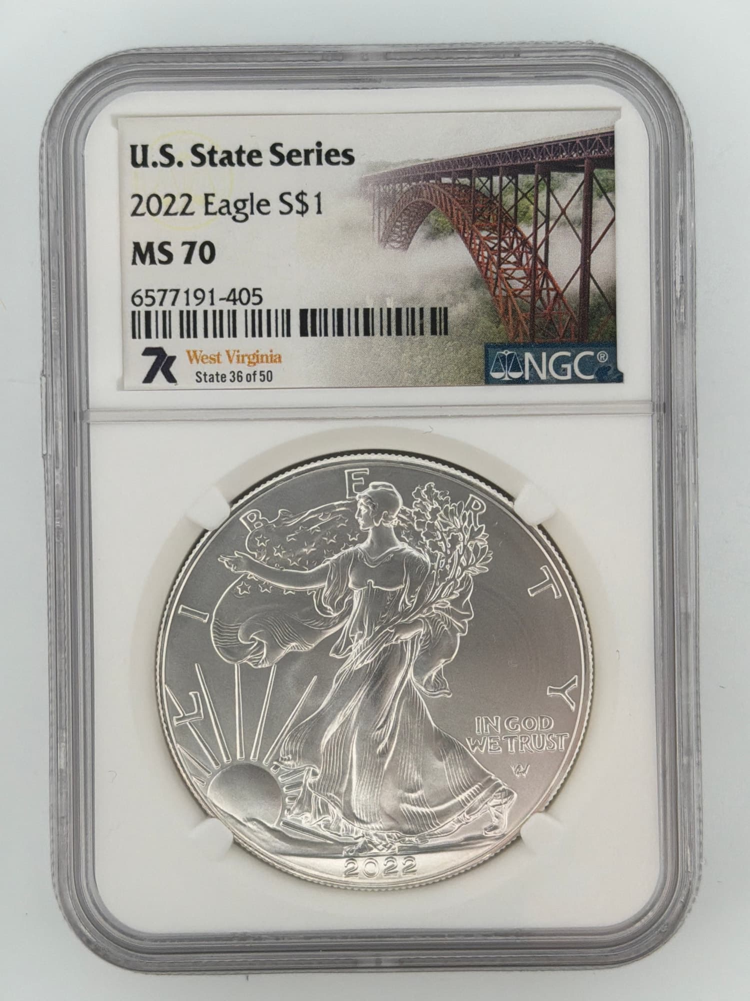 2022 American Silver Eagle NGC MS70 obverse in U.S. State Series West Virginia slab with New River Gorge Bridge label