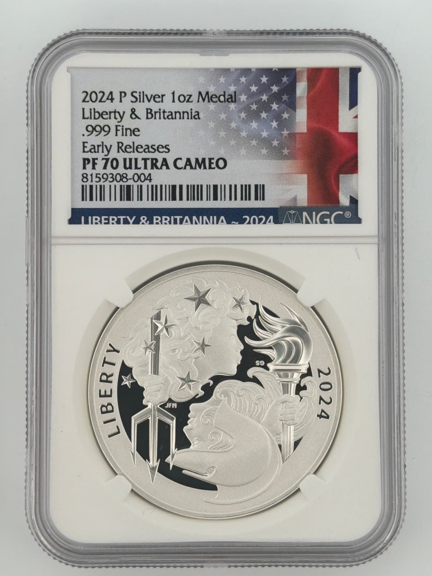 2024-P Liberty and Britannia 1 oz Silver Medal NGC PF70 Ultra Cameo obverse showing Liberty and Britannia portrait with torch and stars