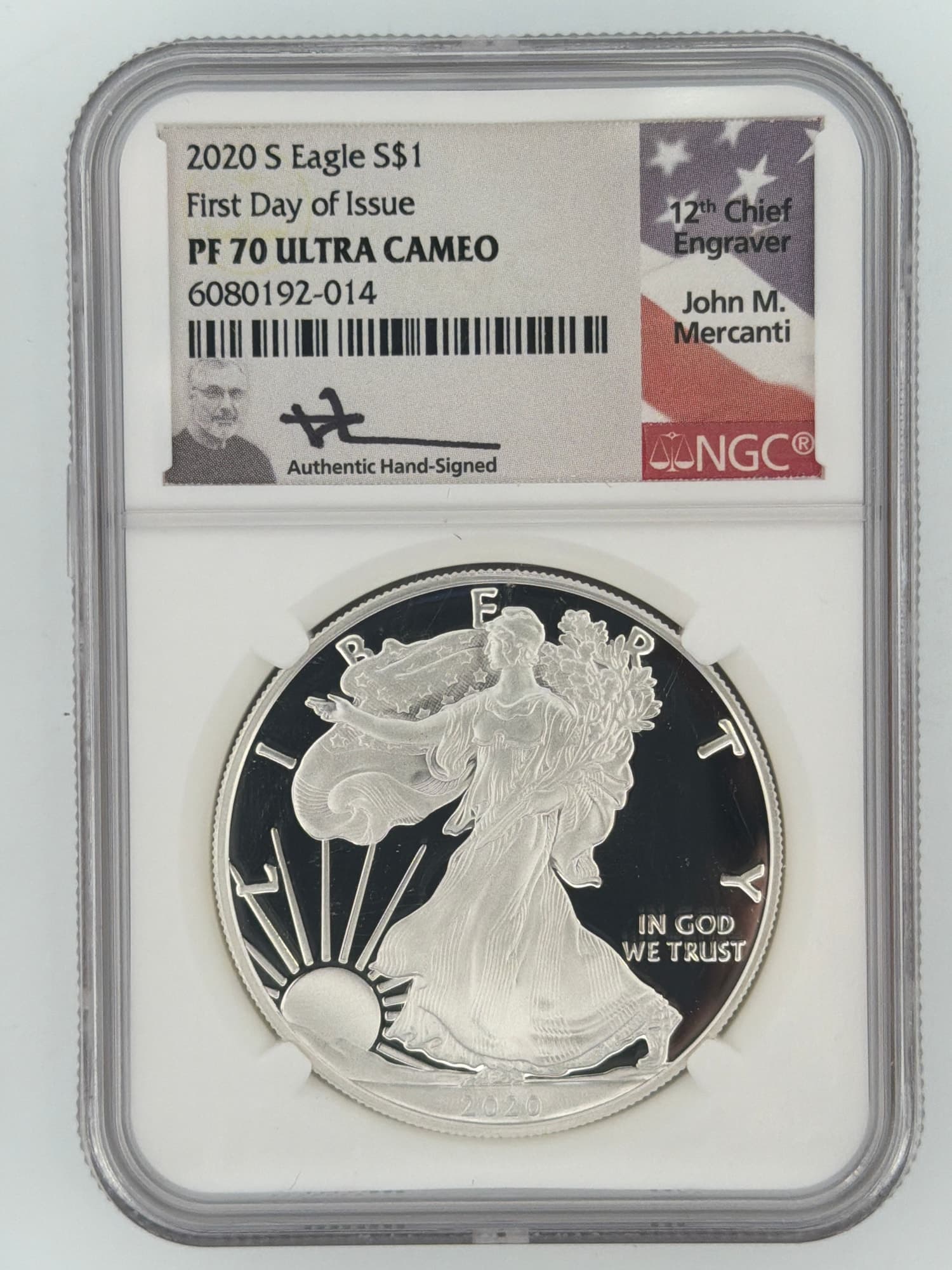 2020-S American Silver Eagle NGC PF70 Ultra Cameo obverse with Walking Liberty design and John M. Mercanti hand-signed First Day of Issue la