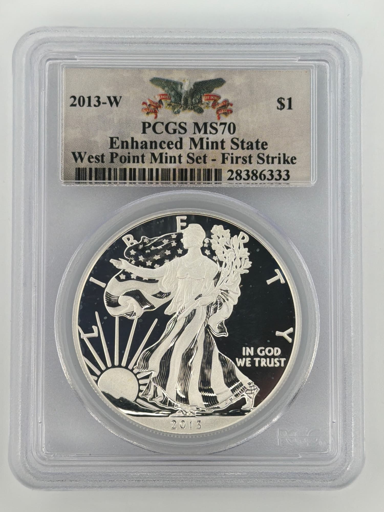 2013-W American Silver Eagle PCGS MS70 Enhanced Mint State obverse in West Point Mint Set First Strike slab, Walking Liberty design