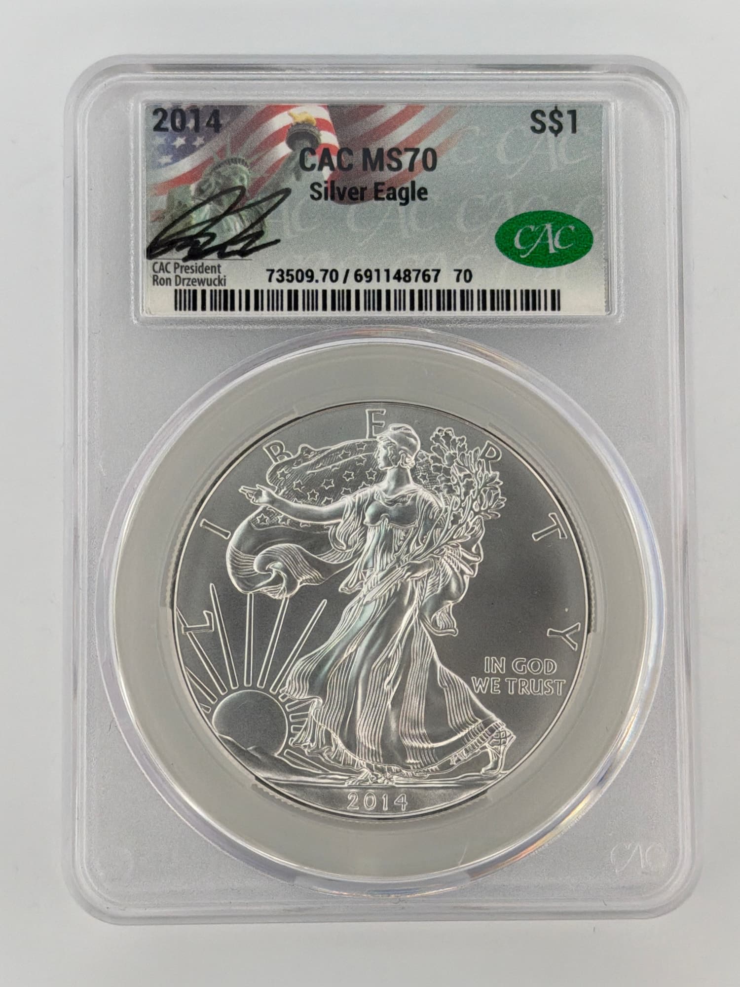 2014 American Silver Eagle CAC MS70 obverse in slab showing Walking Liberty design and CAC label with Ron Drzewucki signature