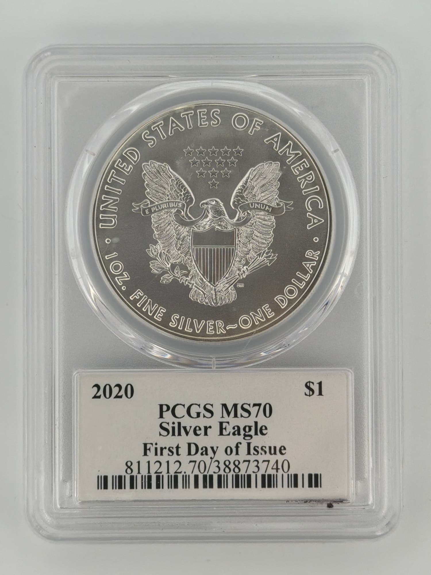 2020 American Silver Eagle PCGS MS70 reverse showing heraldic eagle and 1 OZ FINE SILVER ONE DOLLAR inscription with PCGS slab label