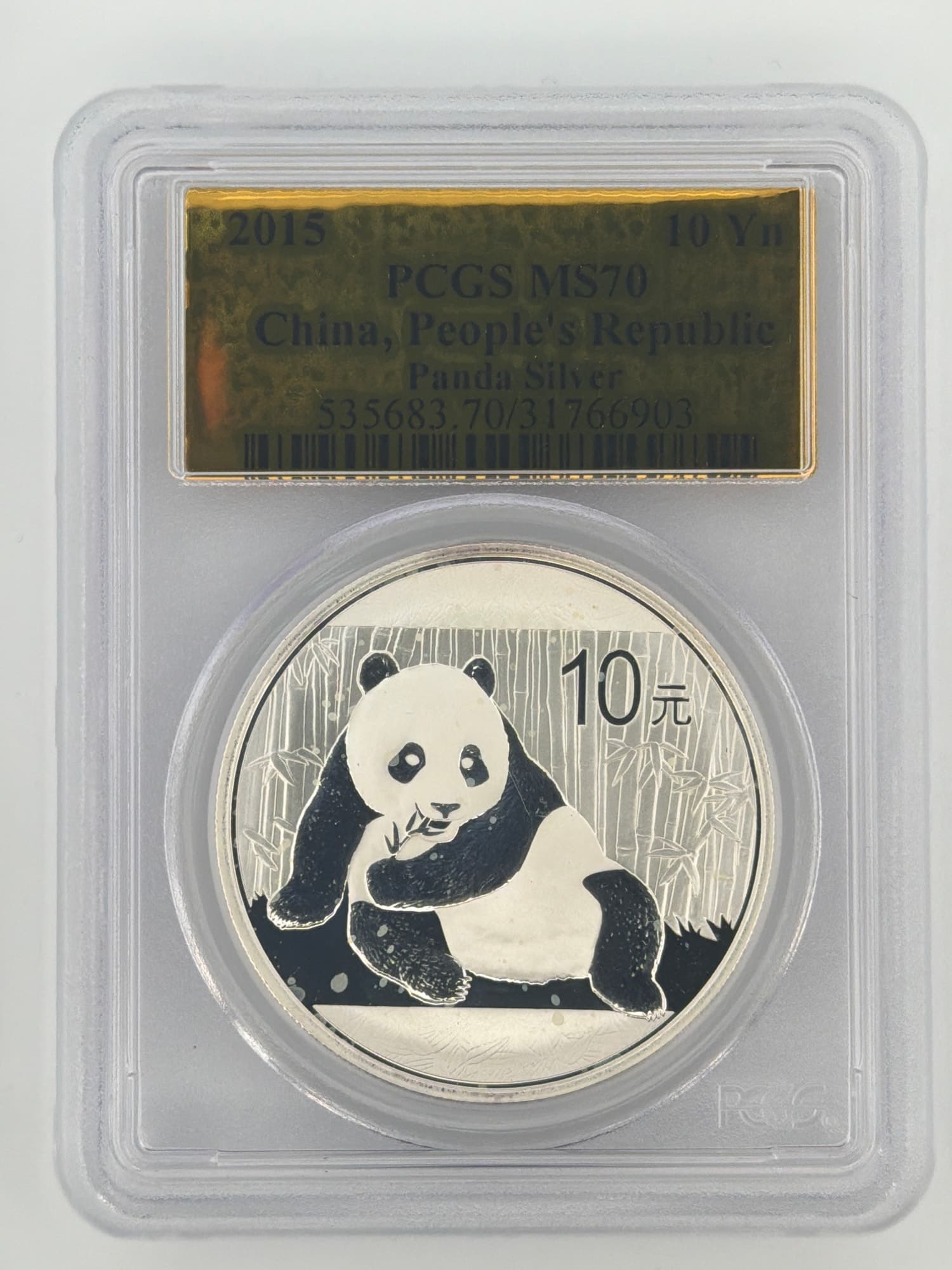 2015 China Silver Panda 10 Yuan PCGS MS70 obverse showing panda eating bamboo in bamboo forest with face value 10 Yuan