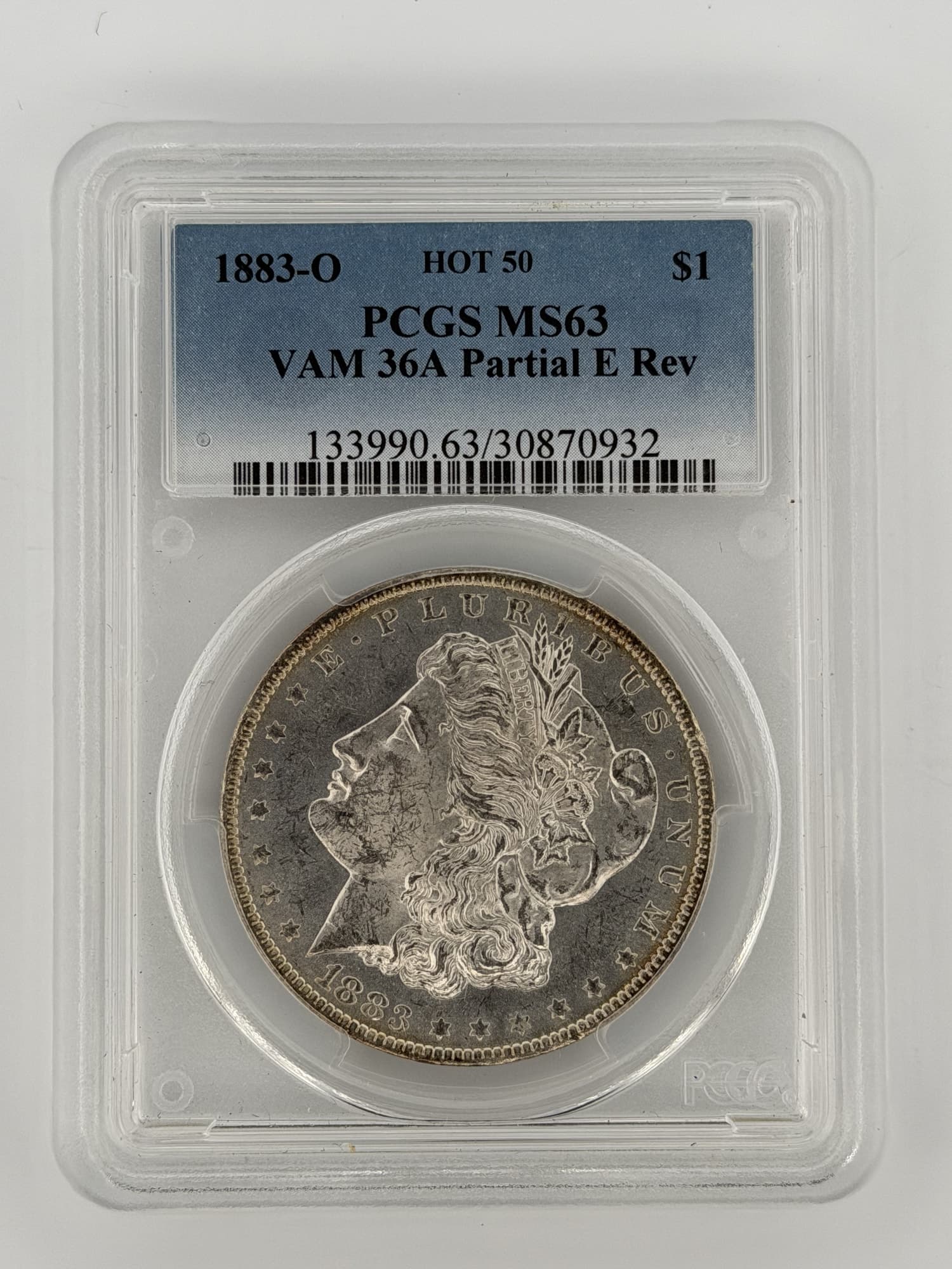 1883-O Morgan Silver Dollar VAM 36A Partial E Rev PCGS MS63 HOT 50 - Graded Morgan Silver Dollars from Lone Star Coins