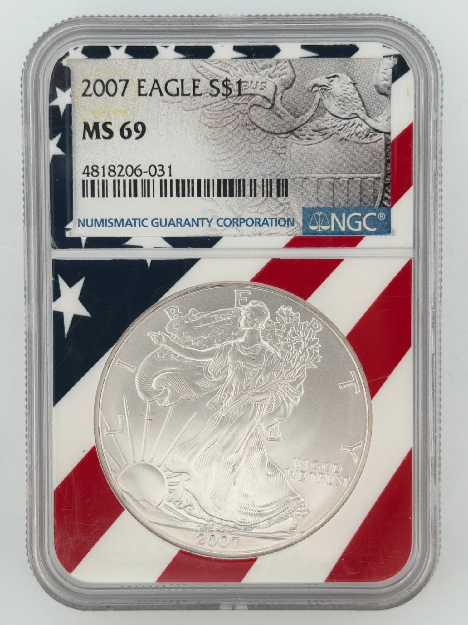 2007 American Silver Eagle NGC MS69 obverse showing Walking Liberty design in patriotic flag-themed NGC slab