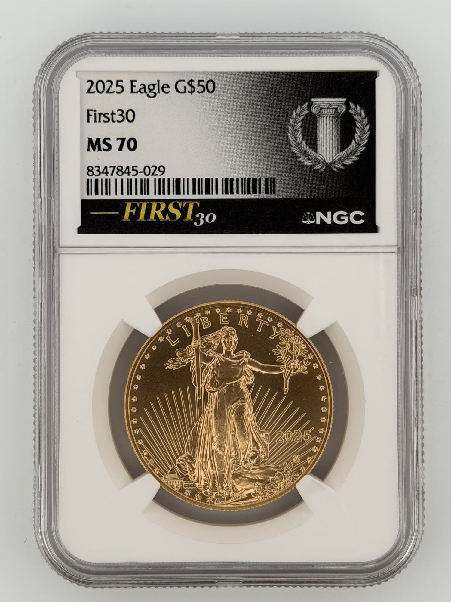 2025 American Gold Eagle $50 NGC MS70 First 30 obverse in black-label NGC holder showing Walking Liberty design