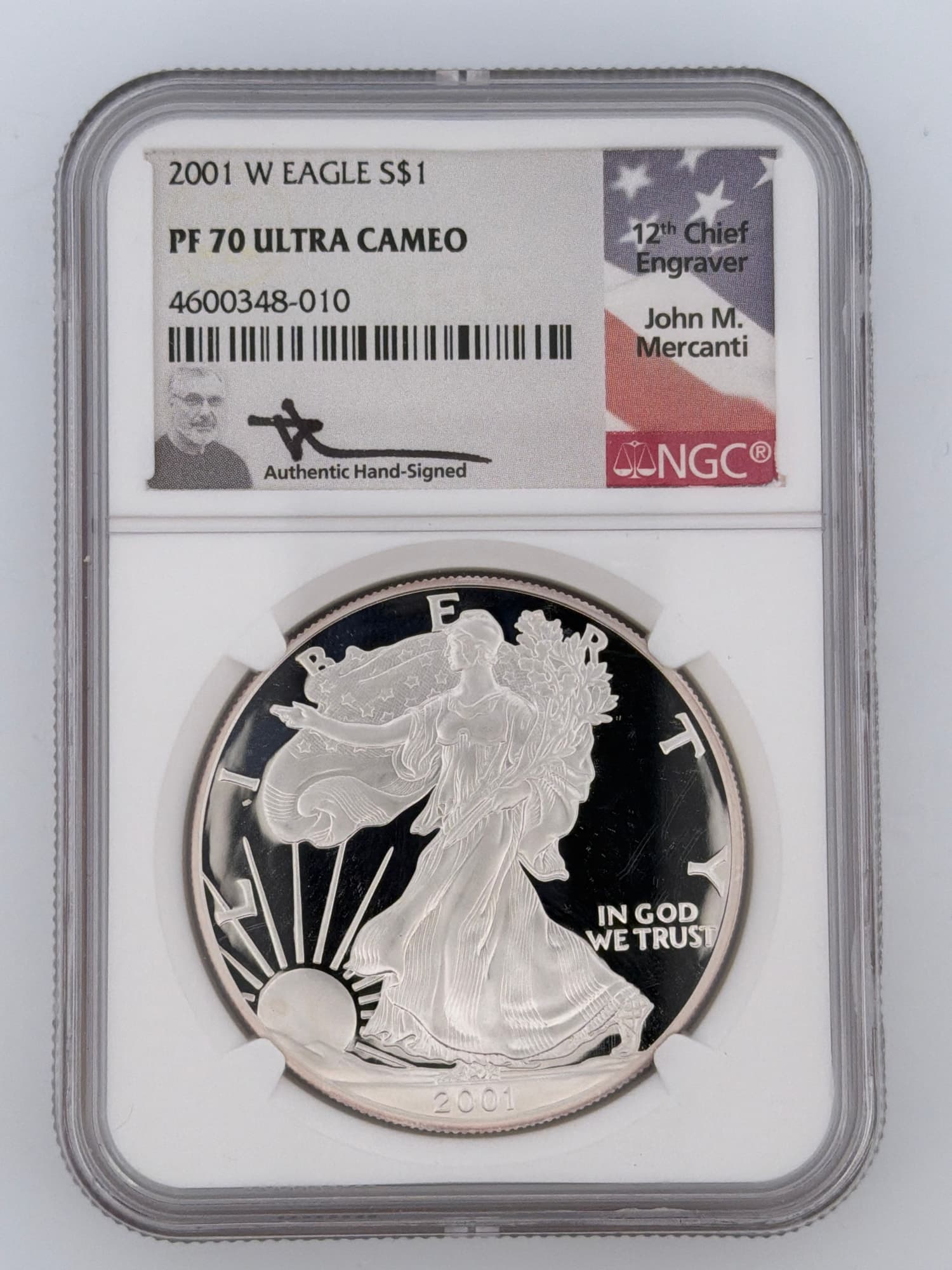 2001-W American Silver Eagle NGC PF70 Ultra Cameo obverse in slab with Mercanti hand-signed label