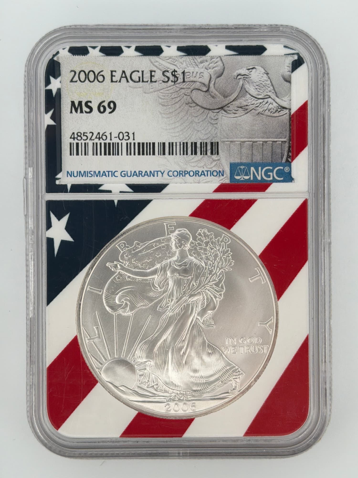 2006 American Silver Eagle $1 NGC MS 69 obverse showing Walking Liberty design in patriotic American flag NGC holder