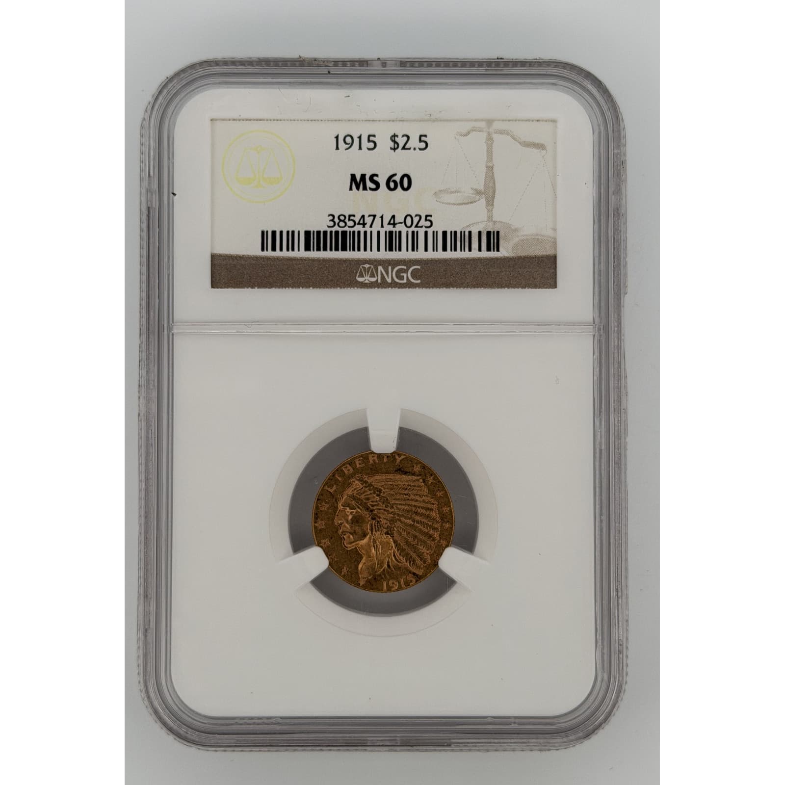 1915 Indian Head Quarter Eagle $2.50 Gold NGC MS60 obverse showing incuse Indian chief portrait in NGC slab