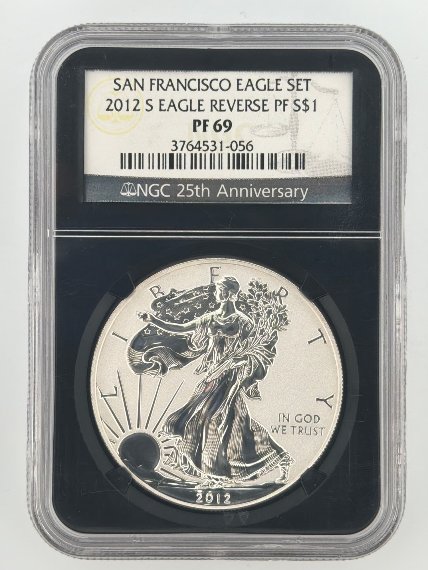 2012-S American Silver Eagle Reverse Proof NGC PF 69 obverse in NGC 25th Anniversary slab, San Francisco Eagle Set label