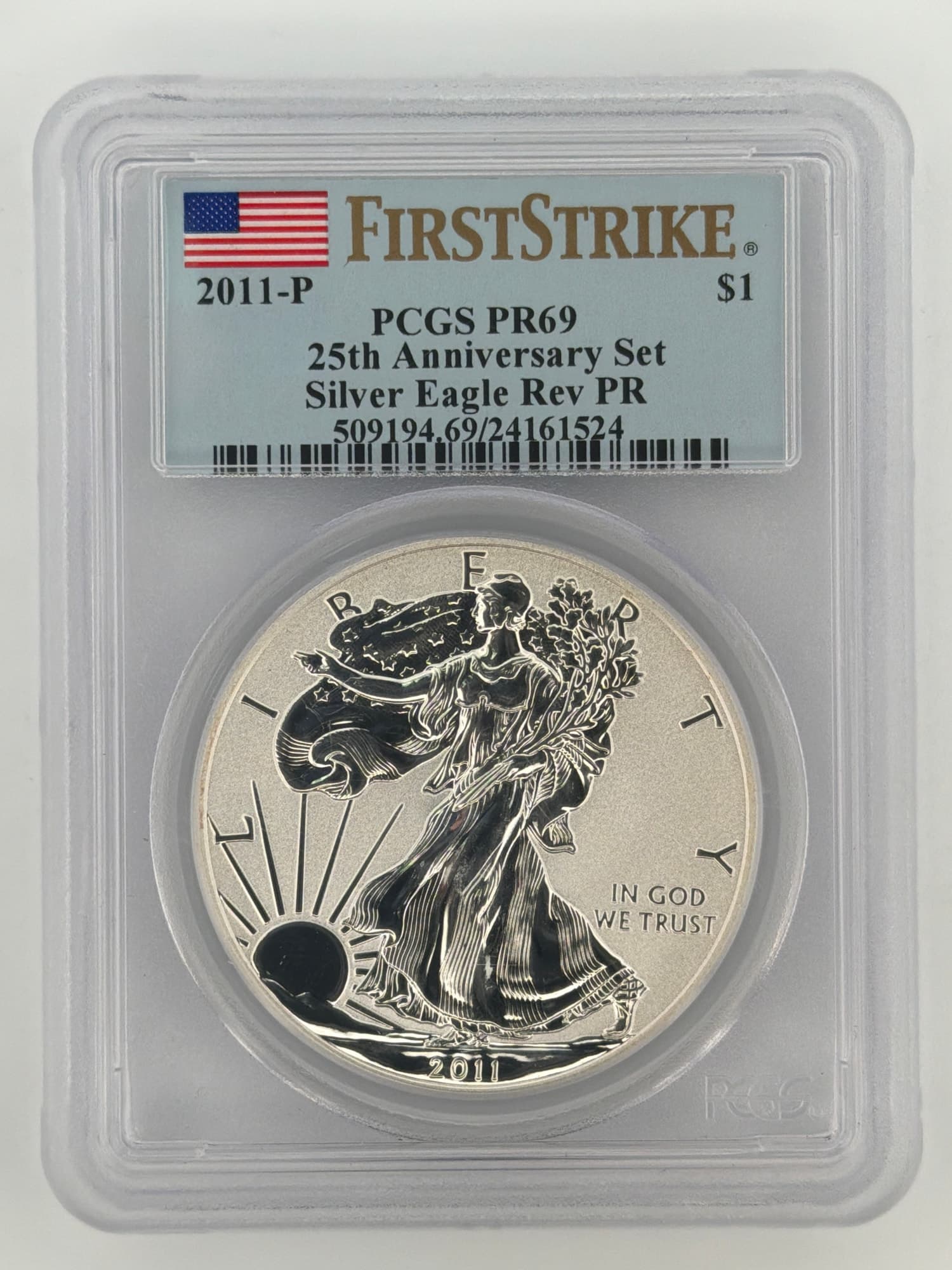 2011-P American Silver Eagle Reverse Proof PCGS PR69 First Strike obverse in slab, Walking Liberty design with 25th Anniversary Set label