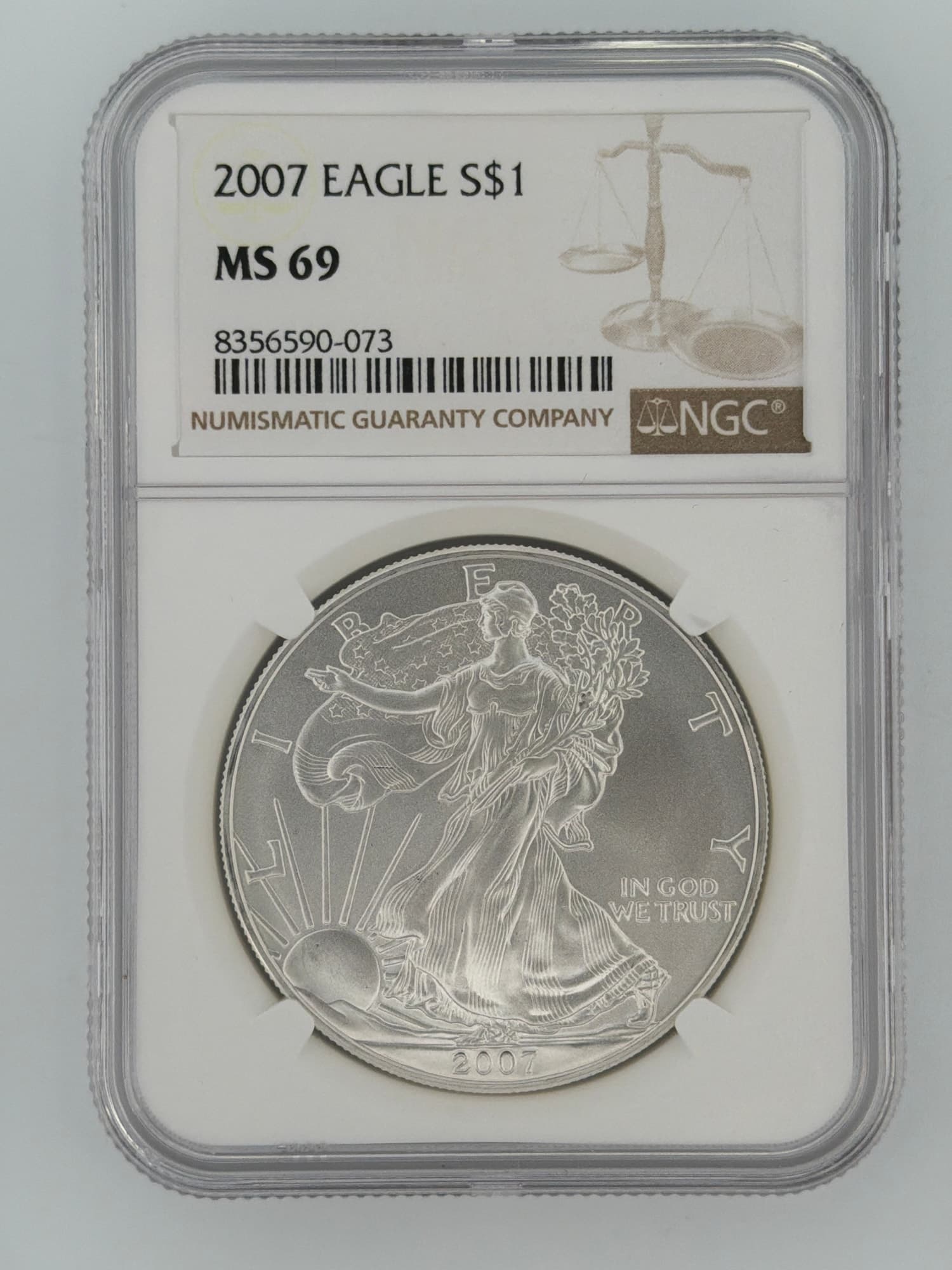 2007 American Silver Eagle NGC MS-69 obverse in slab showing Walking Liberty design and NGC label with certification number 8356590-073