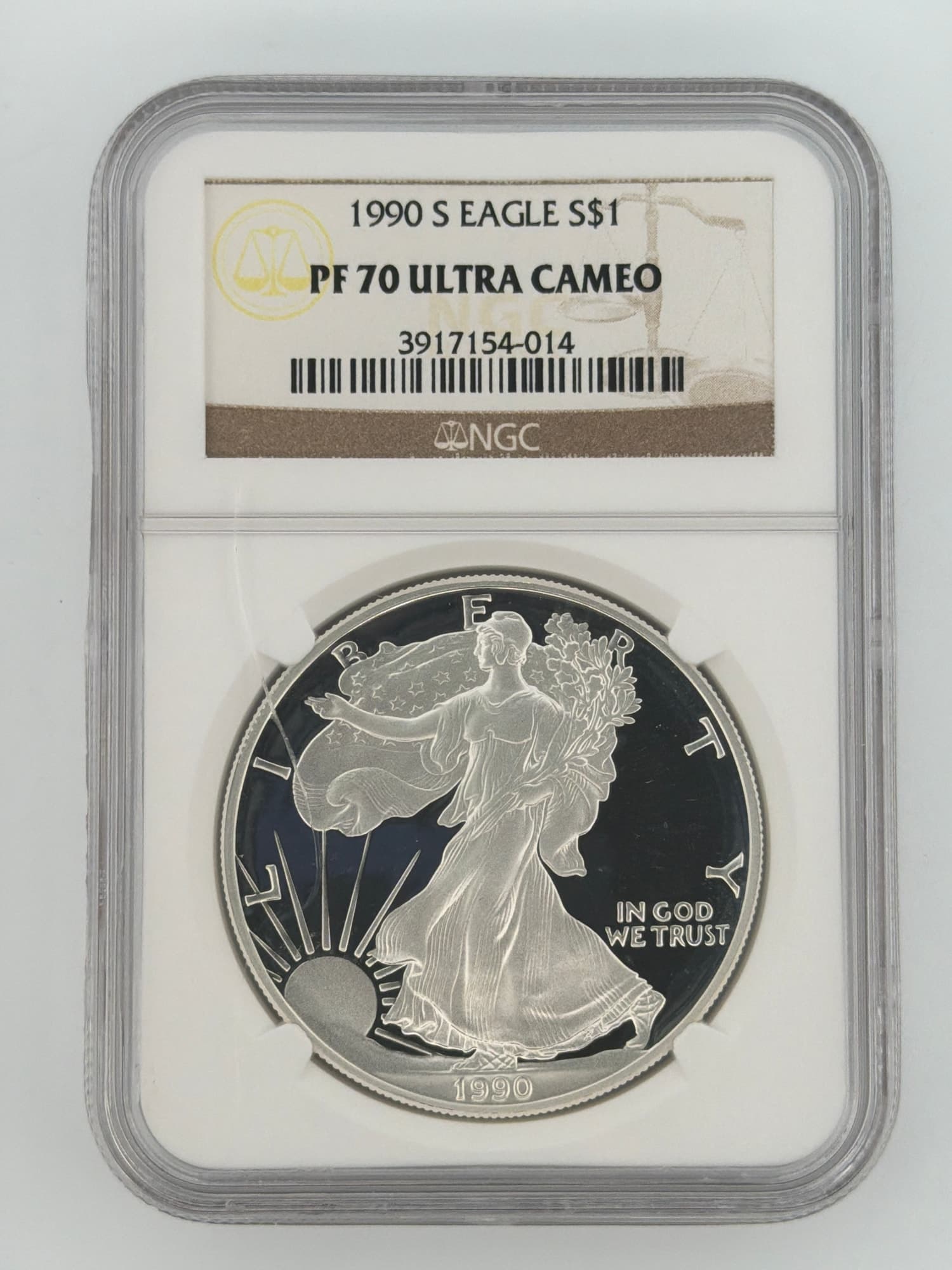1990-S American Silver Eagle NGC PF 70 Ultra Cameo slab obverse showing Walking Liberty design with deep cameo contrast
