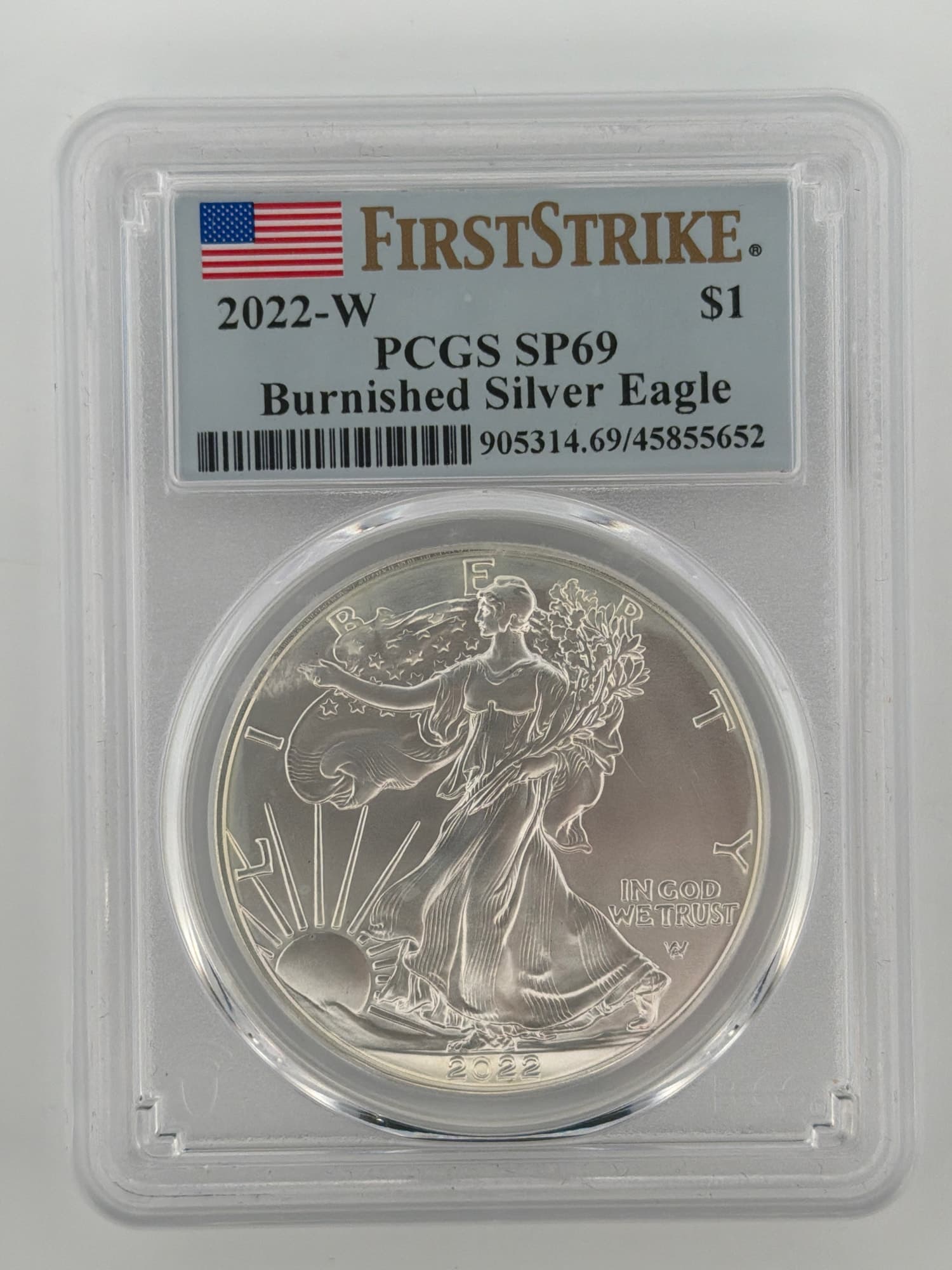 2022-W Burnished American Silver Eagle PCGS SP69 First Strike obverse in slab showing Walking Liberty design