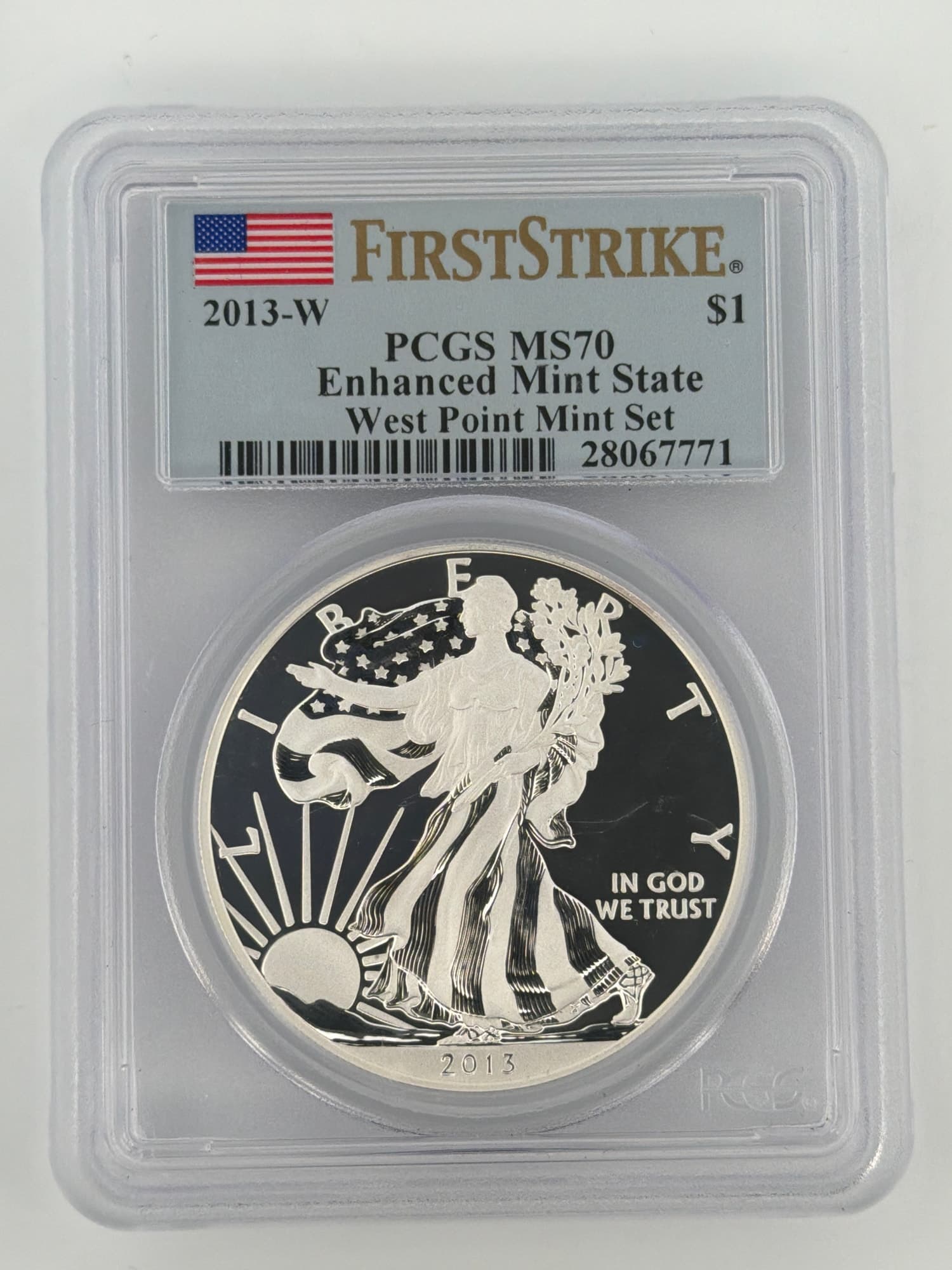 2013-W American Silver Eagle Enhanced MS70 PCGS First Strike obverse in slab, West Point Mint Set label