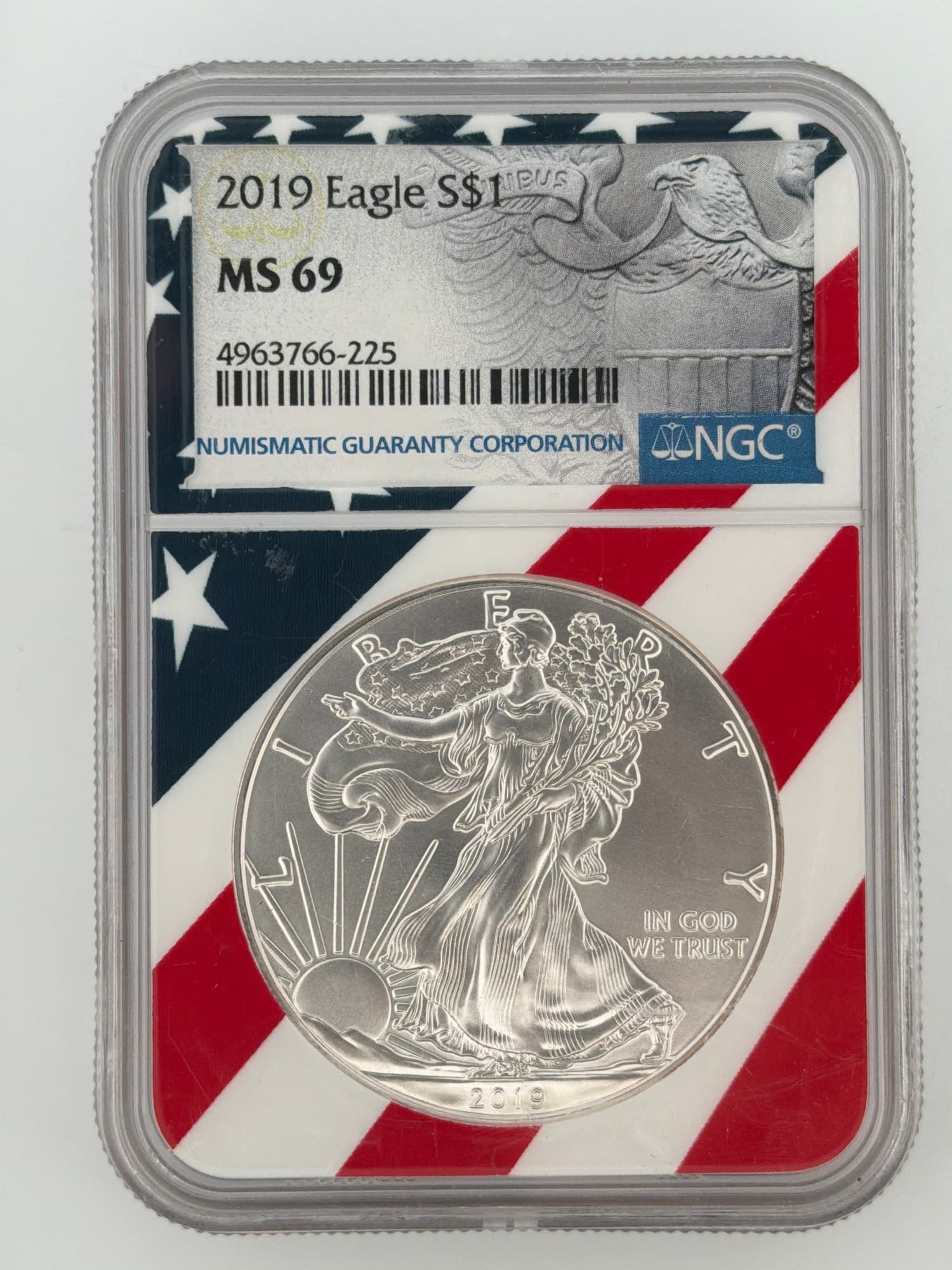 2019 American Silver Eagle NGC MS 69 obverse — Walking Liberty design in patriotic flag-themed NGC slab