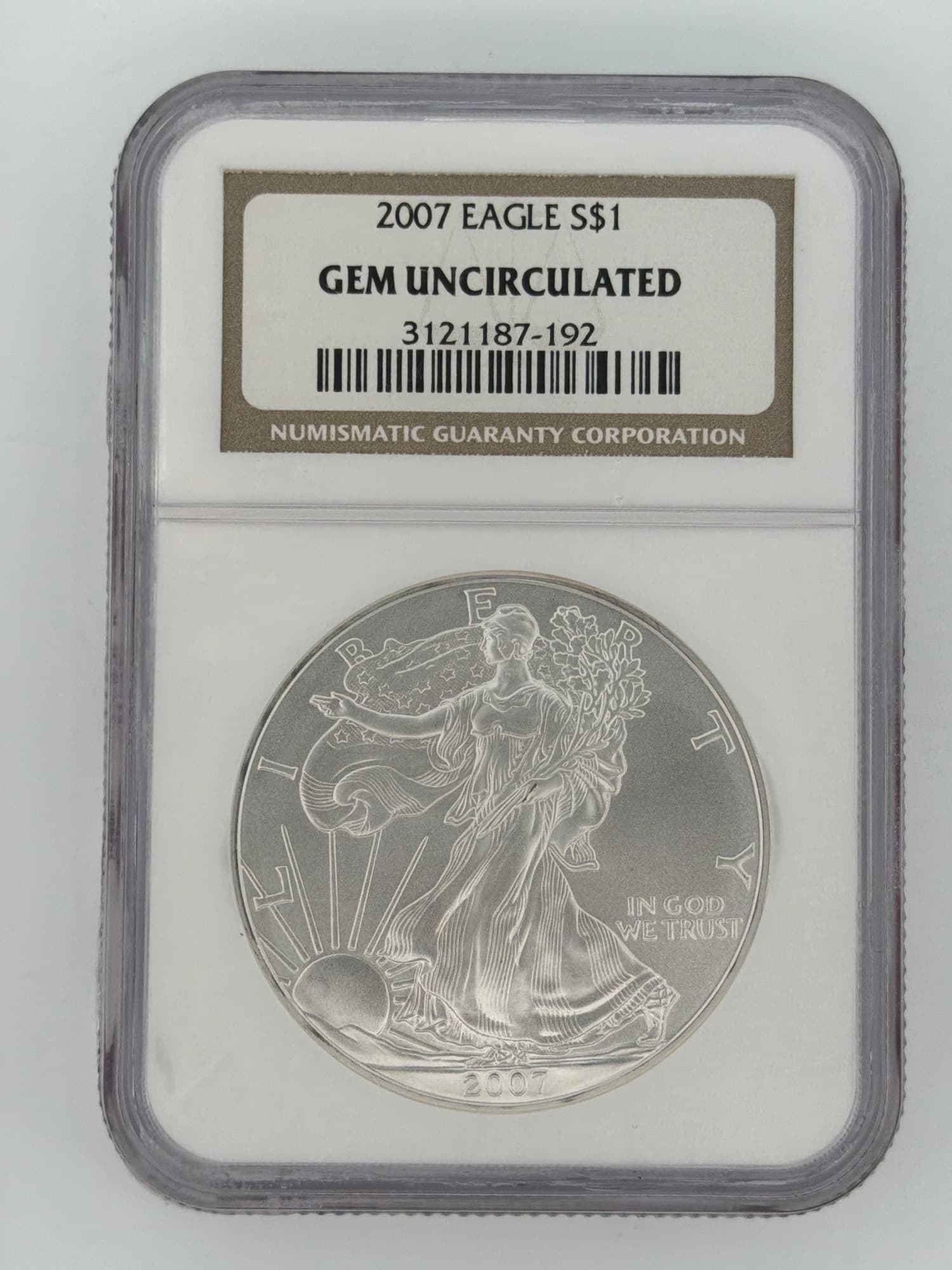 2007 American Silver Eagle $1 NGC Gem Uncirculated slab obverse showing Walking Liberty design and NGC label