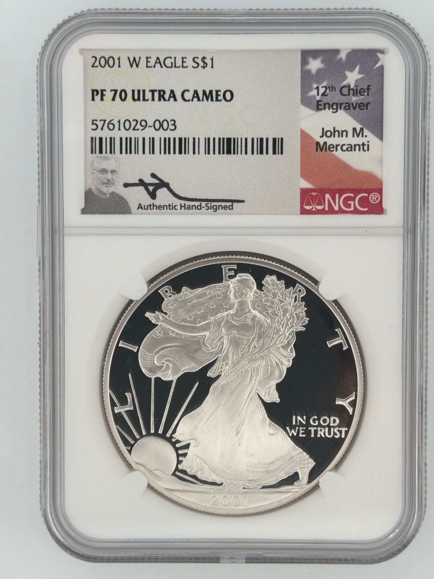 2001-W American Silver Eagle NGC PF70 Ultra Cameo obverse, Walking Liberty design, Mercanti hand-signed label